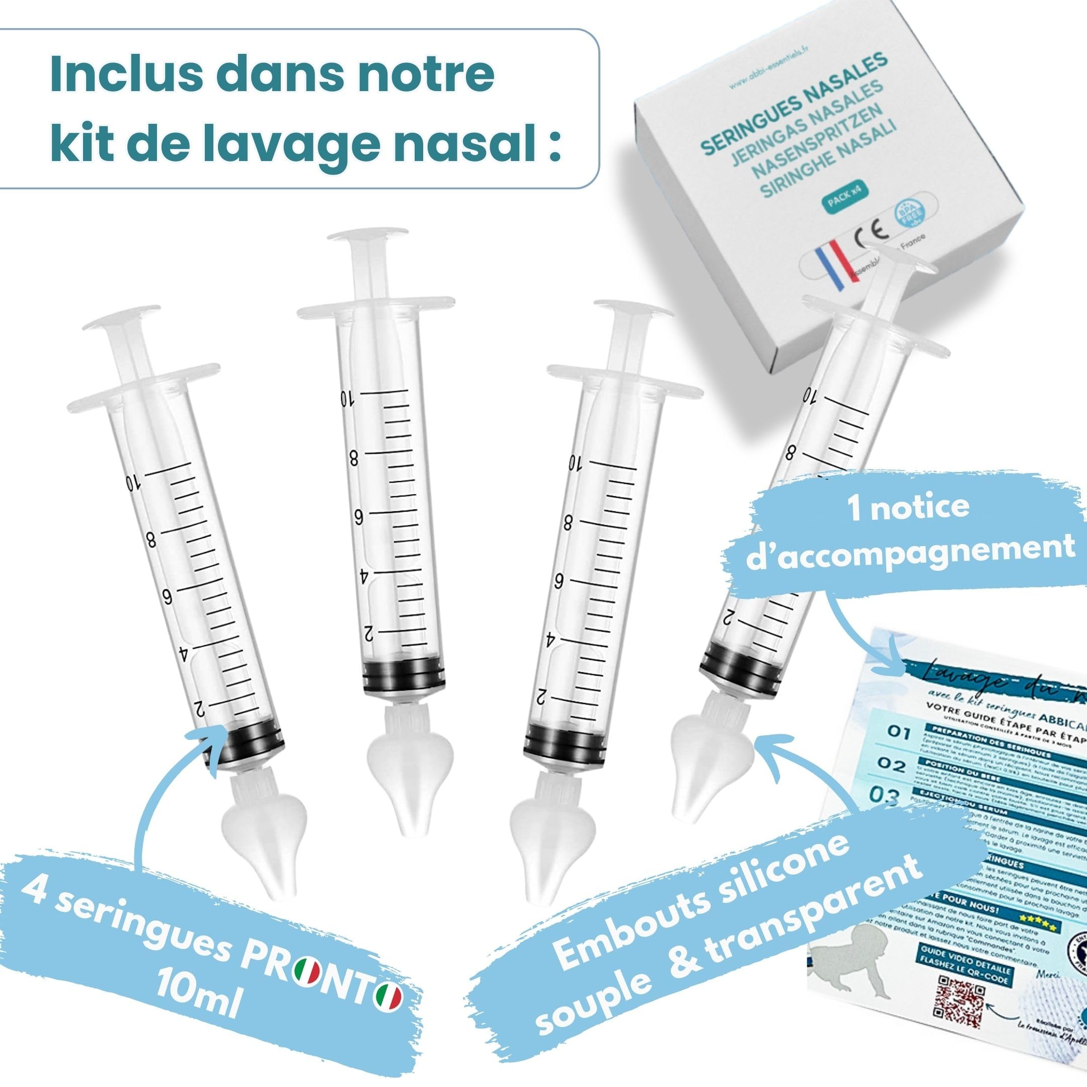 ABBICARE Seringue nasale bebe 10ml sans BPA Kit 4 seringues embouts silicone soin nasal