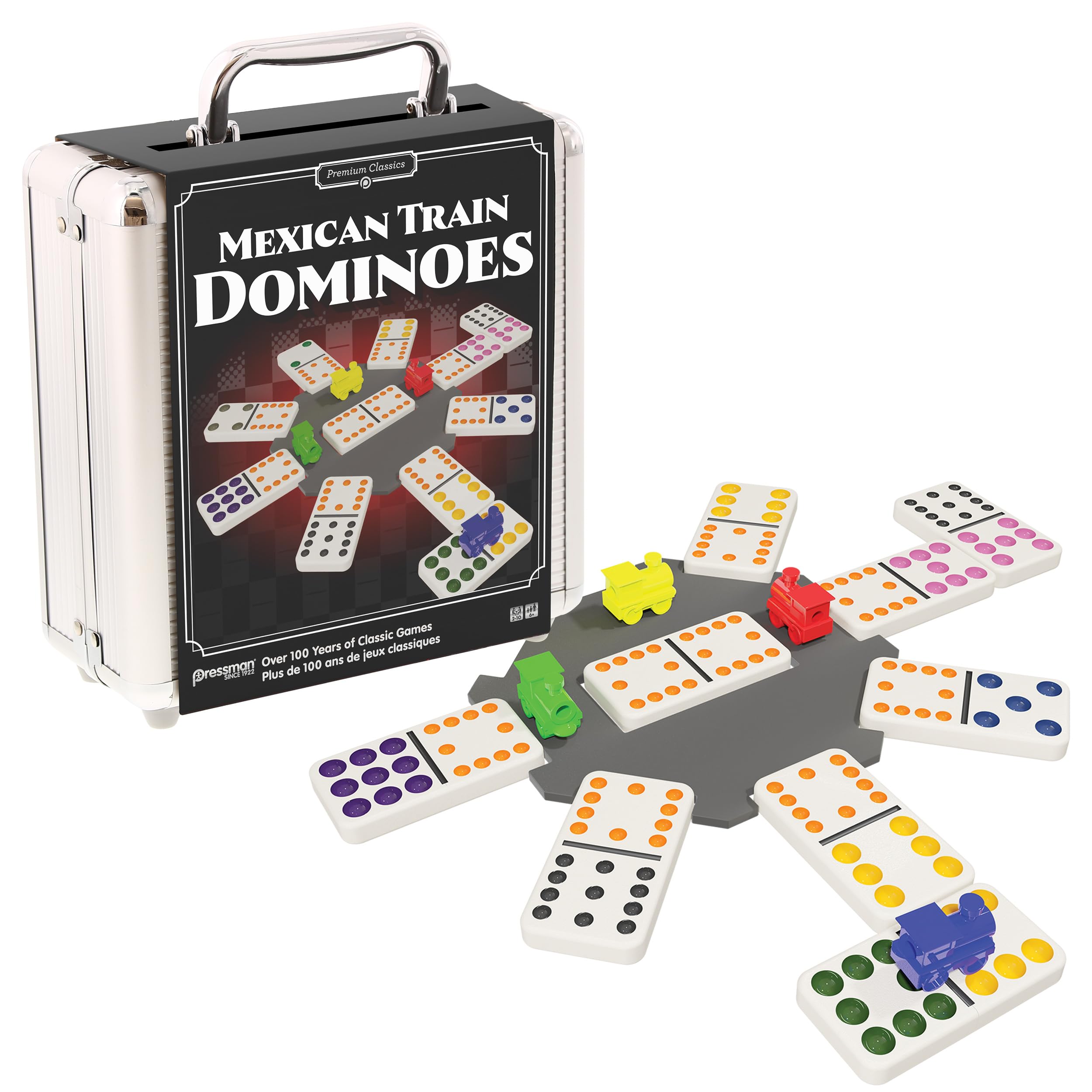 Goliath - Mexican Train Dominoes, Metall Tin, Domino Spiel für Kinder ab 6 Jahren, Brettspiel für 2 bis 10 Spieler, Strategisches Gesellschaftsspiel, Einfach zu transportieren im stabilen Koffer