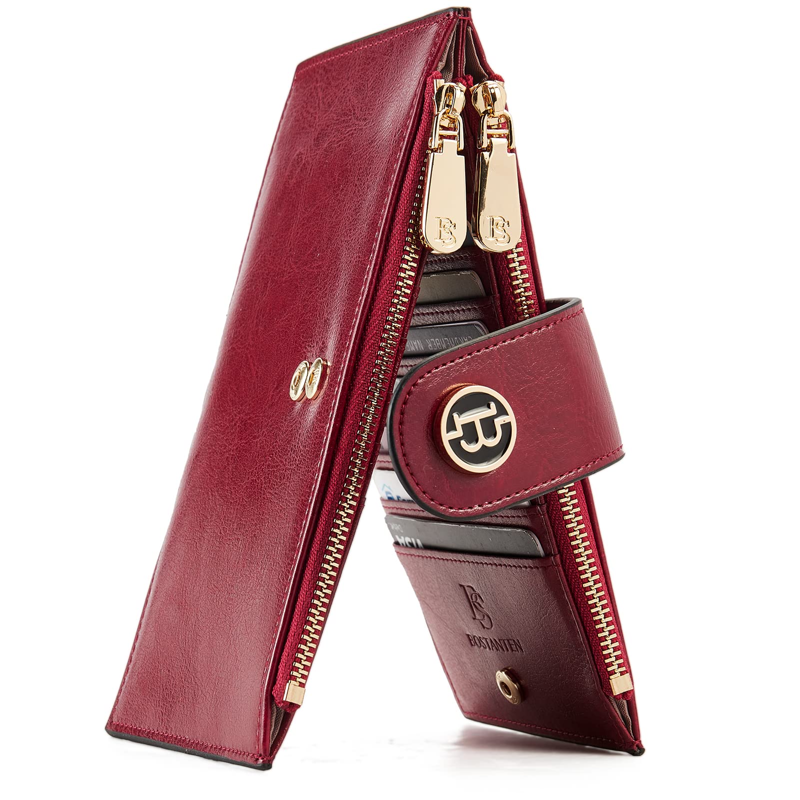 BOSTANTEN Genuine Leather Wallets for Women RFID Blocking Slim Bofild Purse Card Holder with Zipper Pocket, 0-Wine-Red, Medium 7.08" x 3.93" x 0.39"