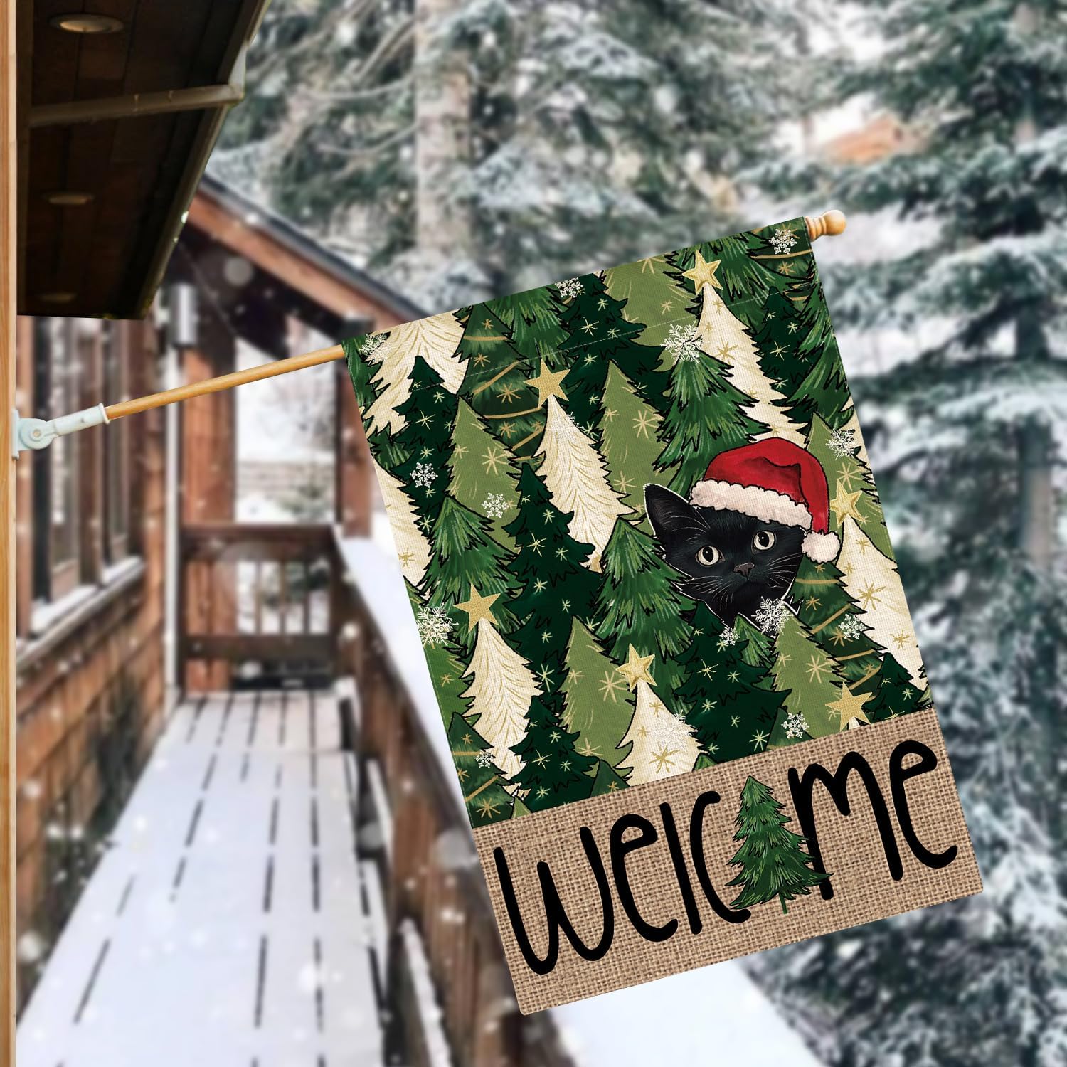 AVOIN colorlife Black Cat Christmas Trees House Flag 28x40 Inch Double Sided Outside, Welcome Winter Holiday Yard Outdoor Flag - Image 2