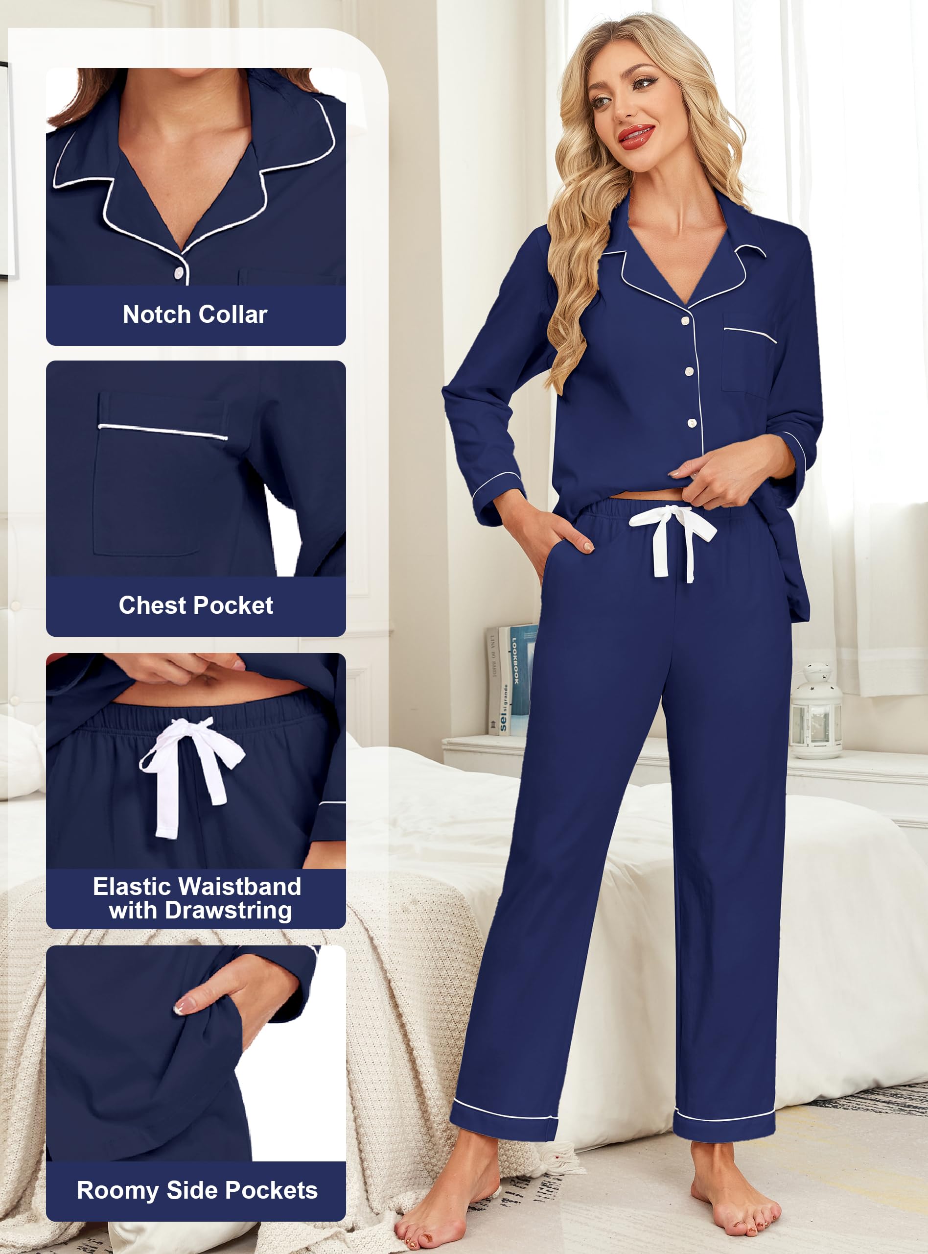 EA'S SECRET Conjunto de pijama para mujer, 100 % algodón, camisa y pantalones de manga larga suave, ropa de dormir con botones