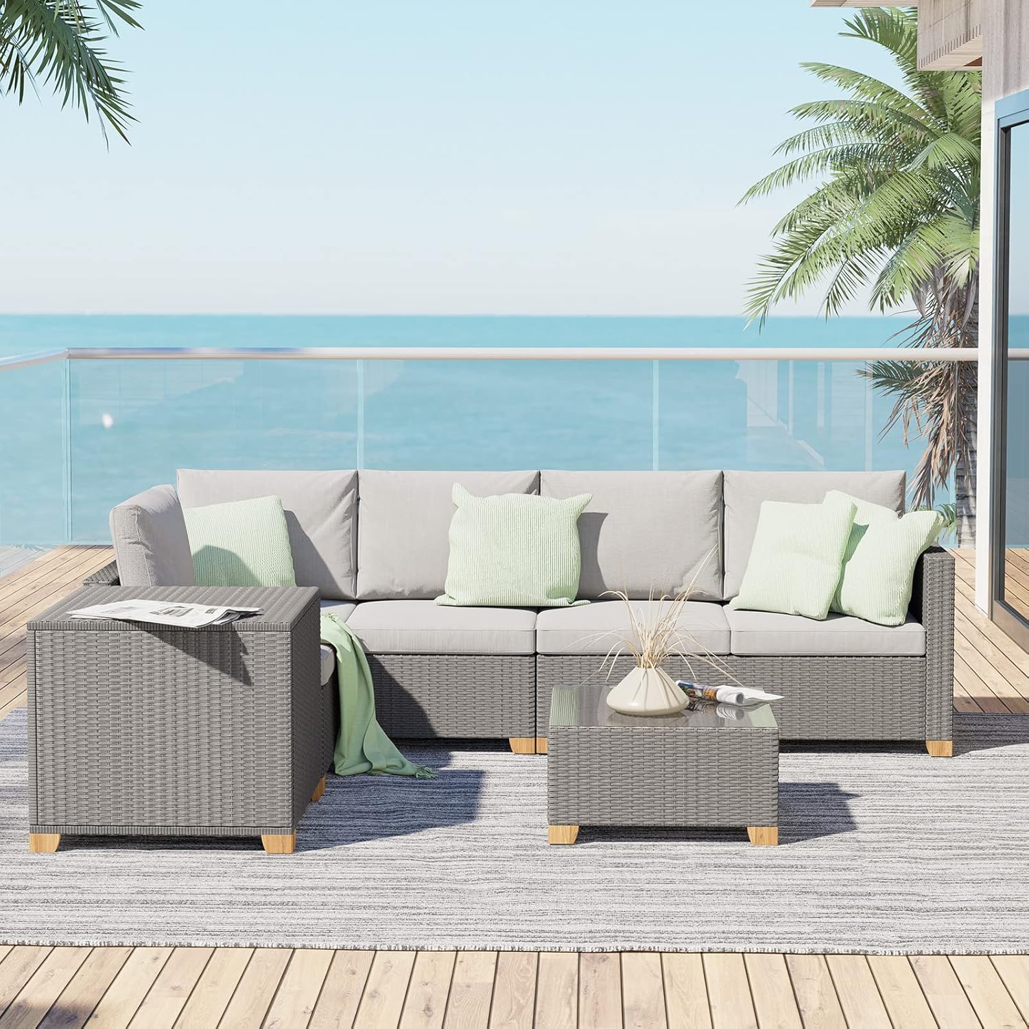 Grand Patio Outdoor Furniture Set with Glass Coffee Table,Wicker Patio Furniture Set with Woodgrain Feet,Modular Sectional Sofa Set for Backyard Garden Poolside(Coffee Table, Light Gray)