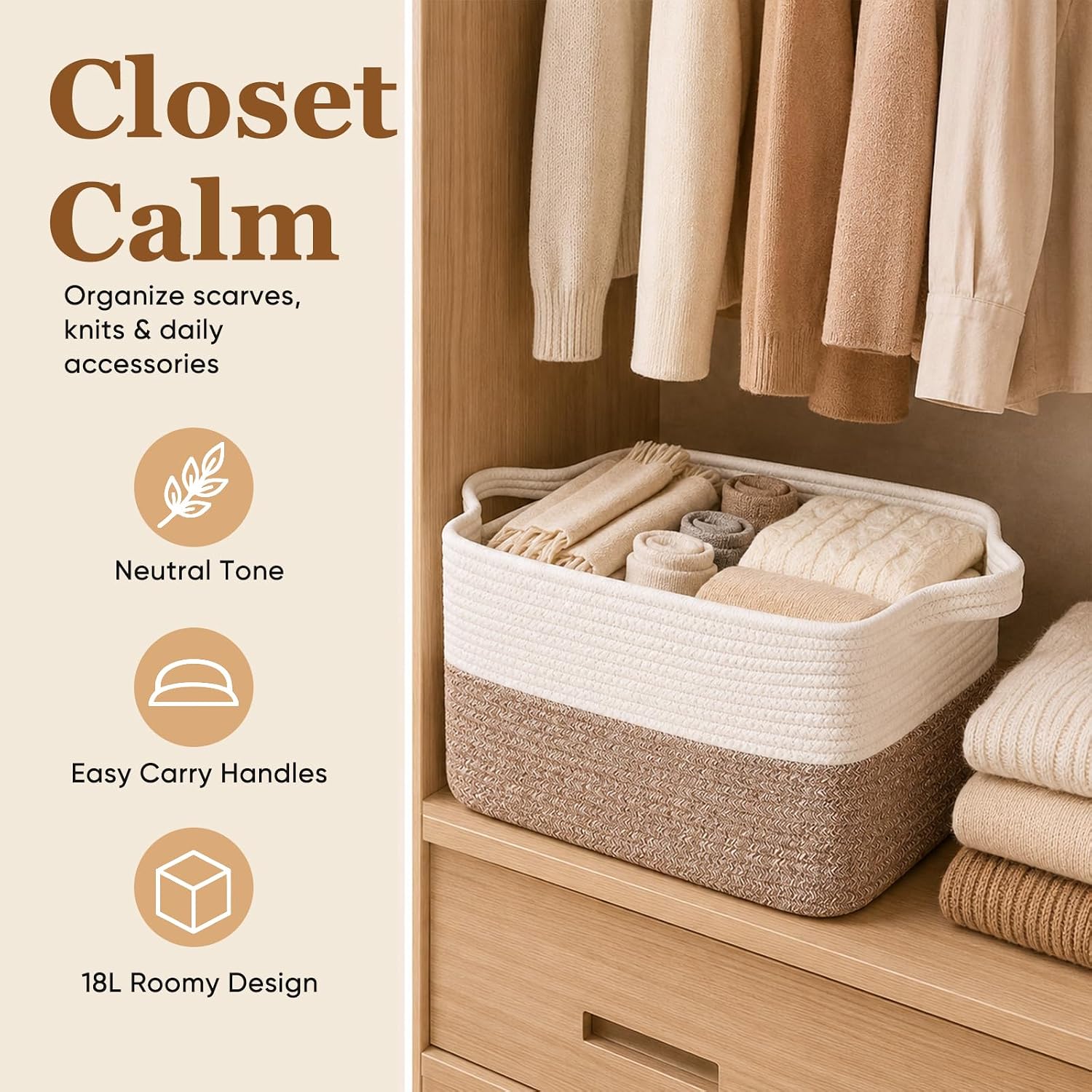 OIAHOMY Woven Storage Basket for Shelves Rope Baskets for Organizing Brown image 4