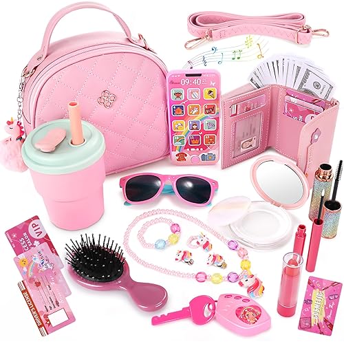 Little Girls Play Purse and Pretend Makeup Kit- 49PCS My First Purse Set Includes Handbag Phone Wallet Play Makeup Princess Jewelry Water Bottle, Pretend Play Gift Toys for Girls Toddlers Age 3+
