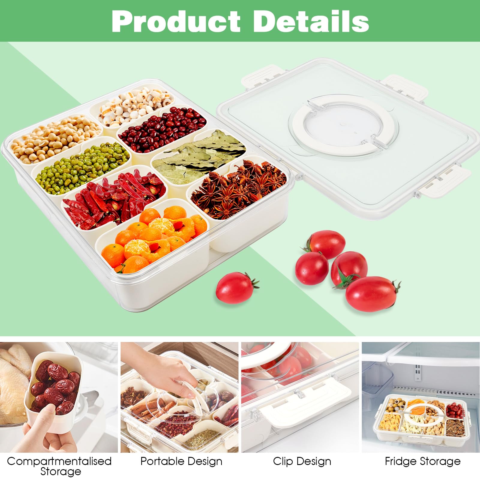 Vassoio per snack con 4 scomparti, portatile, contenitore per alimenti, salvafreschezza, vassoio separato, ciotole per caramelle, frutta, noci, snack per la casa