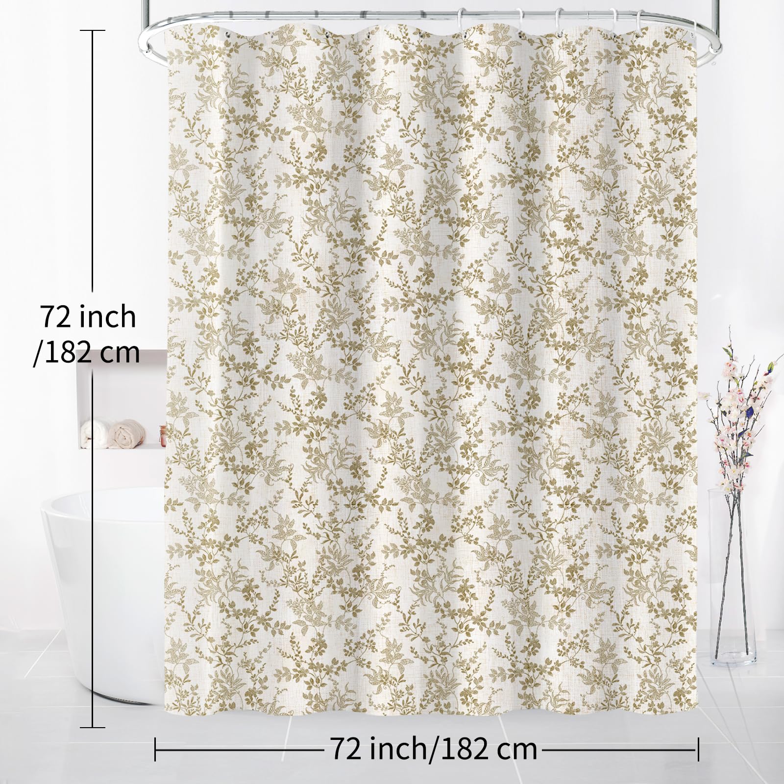 Ksriylm Farmhouse Elegance Floral Shower Curtain for Bathroom Decor,Linen Cotton Bathroom Curtains with12 Hook,Cloth Flower Leaves Waterproof Bathtub Curtain with 72" W x 72" L,Brown - Image 2