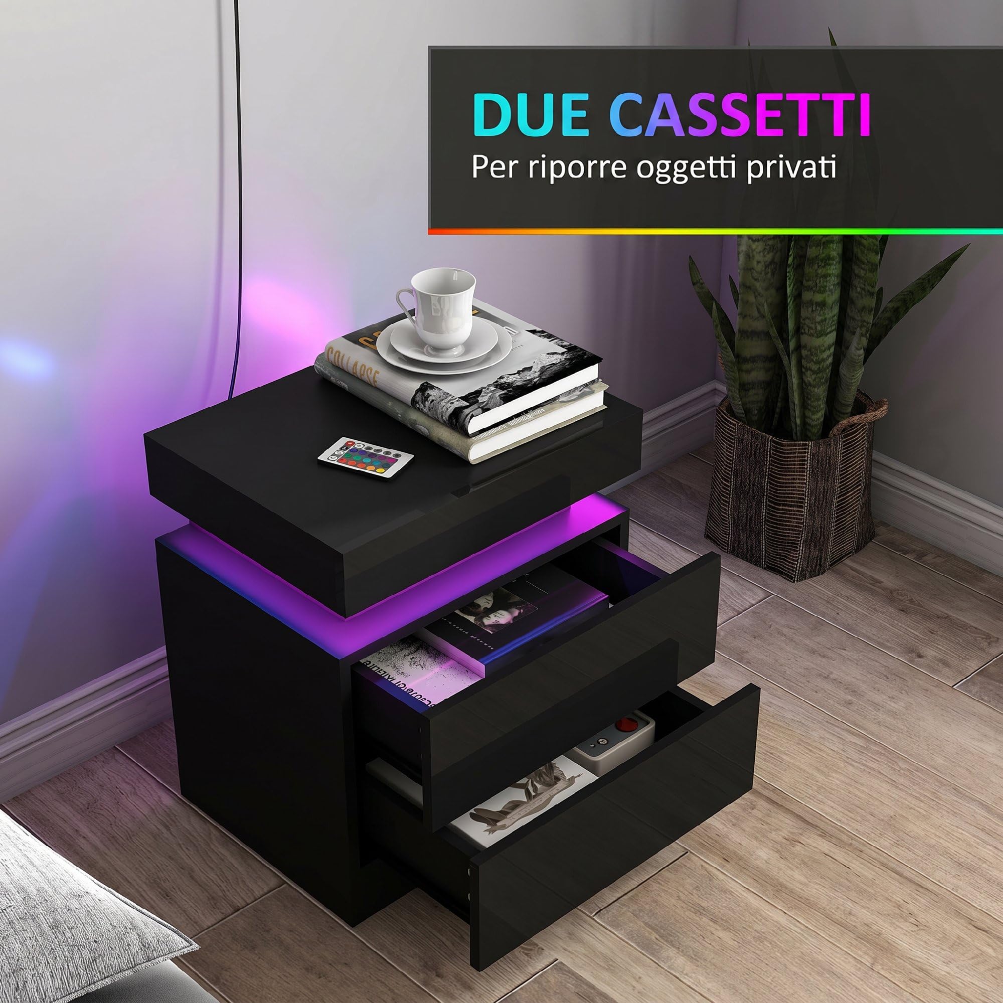 HOMCOM Set di 2 Comodini Camera da Letto con LED 45x35x52 cm Nero Lucido | 16 Colori, 4 Modalità, Coppia di Comodino Salvaspazio, 2 Cassetti, Tavolini per Camera da Letto