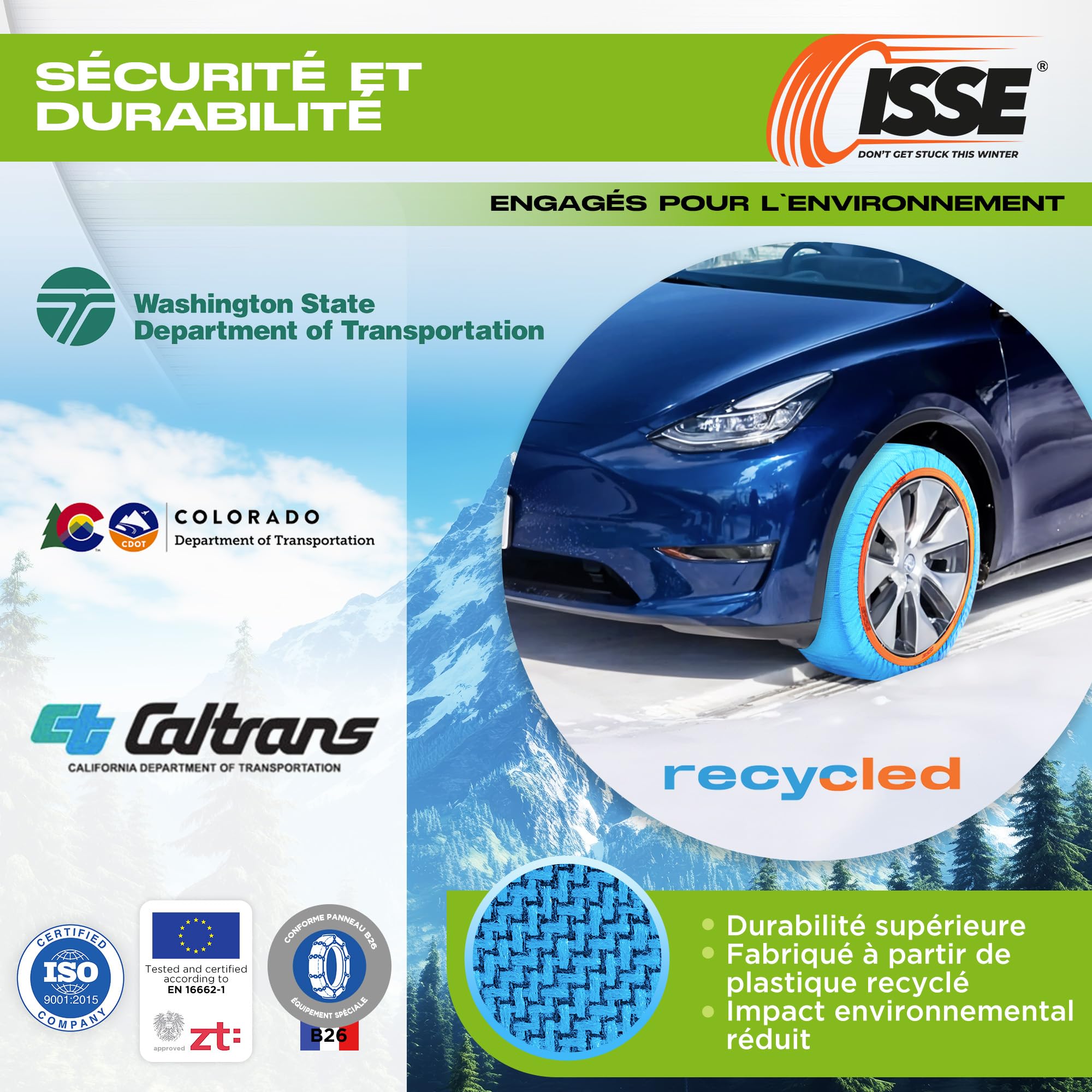ISSE - Chaînes pour la neige recyclées T-70 | Chaînes pour la neige en textile - Omologate EN 16662-1Chaînes pour la neige et le verglas - Kit de 2 chaînes