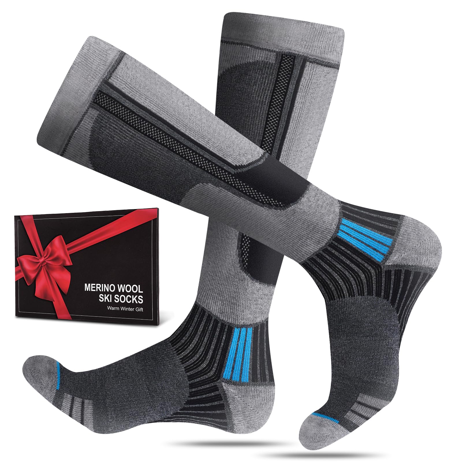 SukModen 2 Paar Skisocken aus Merinowolle für Herren Damen Jugendliche, Warme Merino Socken Thermosocken Dicke Wintersocken für Kaltes Wetter Skifahren Snowboarden Skistrümpfe Grau 35-38