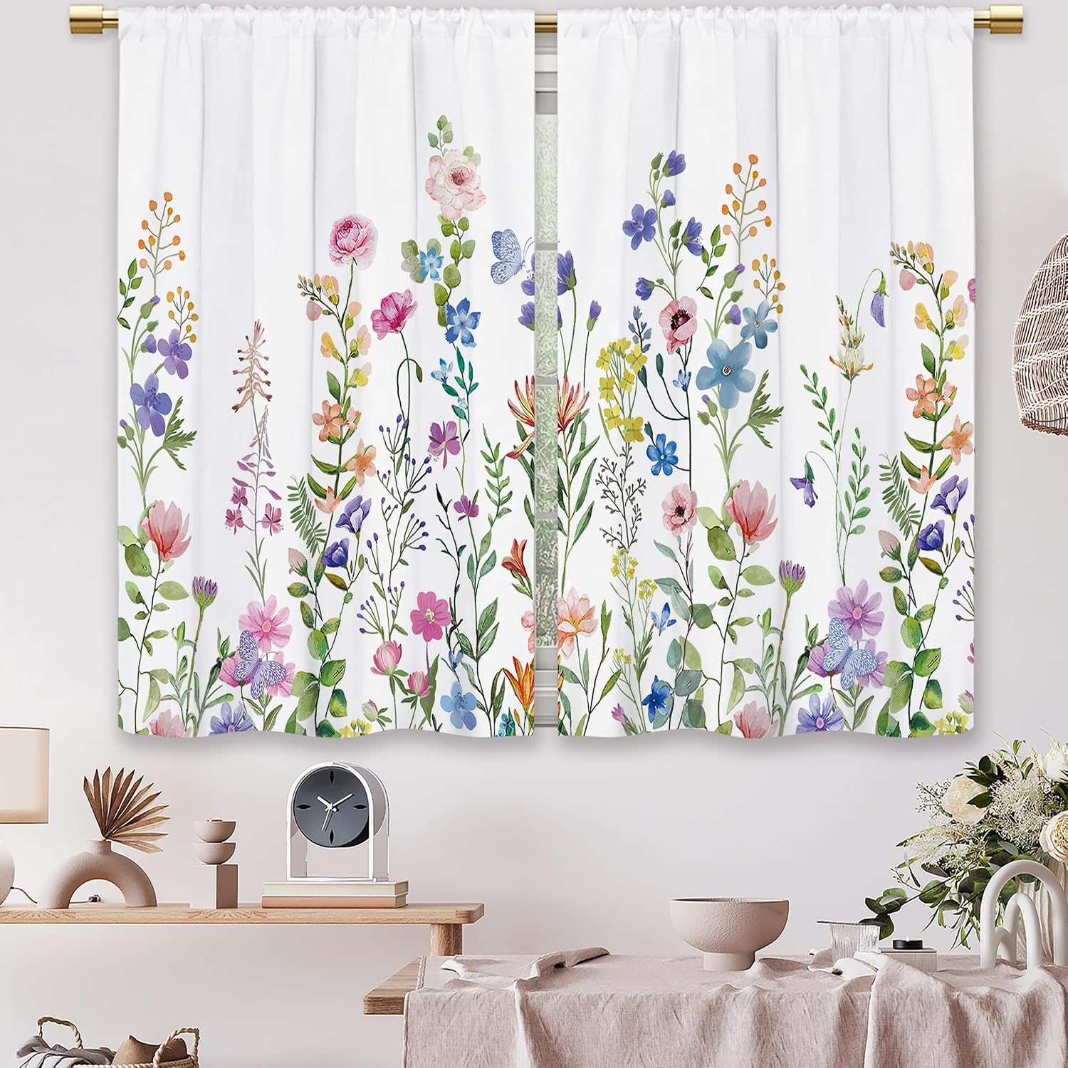 Colorful Floral Kitchen Curtains Flower Plant Wildflower Small Short Cafe Window Curtains Nature Boho Farmhouse Botanical Rod Pocket Bathroom Window Drapes Tier Curtains (27.5x39 Inch)