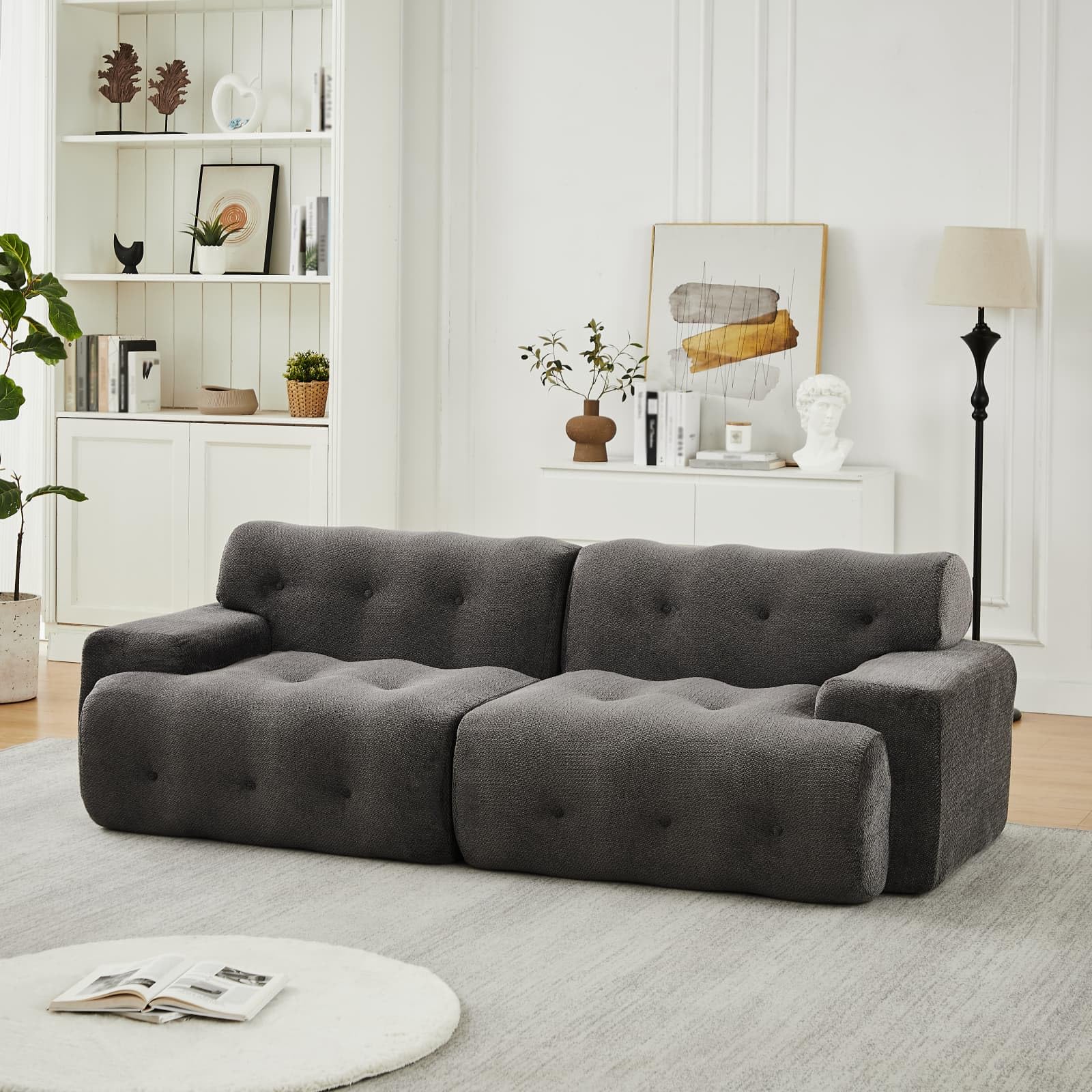 KOMHTOM Canapé 3 Places Modulable, Spacieux 224cm, Tissu Tricot 3D ou Chenille Ultra Doux avec Accoudoirs Larges, Design Moderne, Base Antidérapante (Gris-B)
