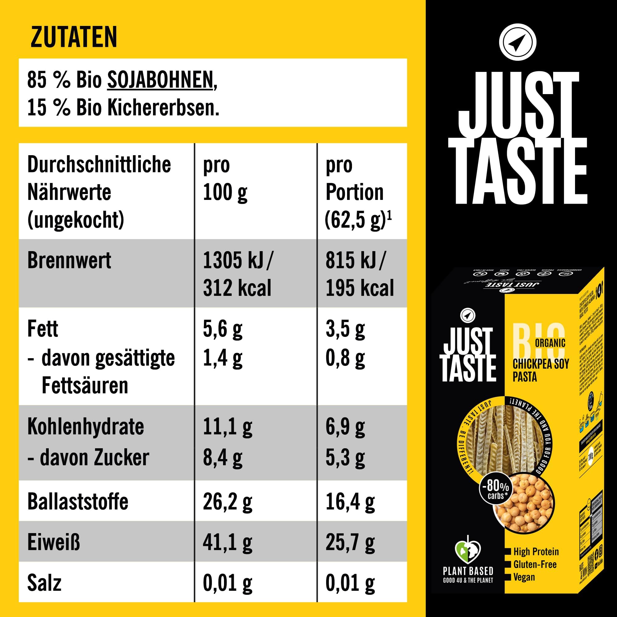 JUST TASTE - Bio Kichererbsen-Soja Fettuccine/Linguine - 43g Protein - Kichererbsen Nudeln Ideal für Sportler - Low Carb - High Protein, 250g (6er Pack)