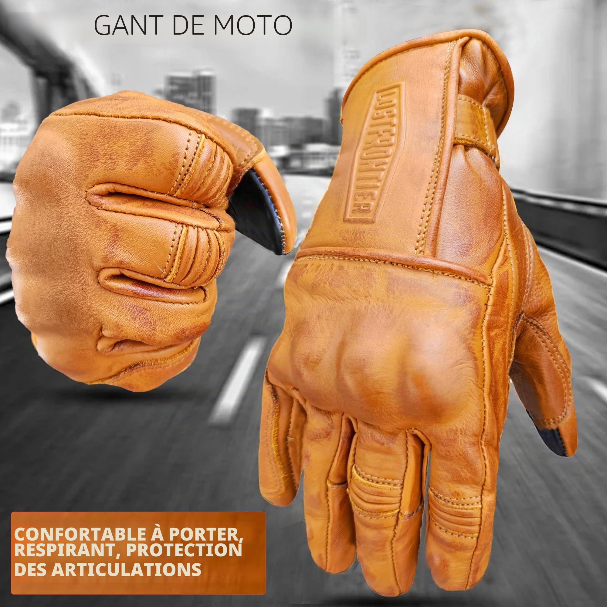 Gants de Moto en Cuir avec Protections Cafe Racer Chopper Custom Wax Jaune Touch
