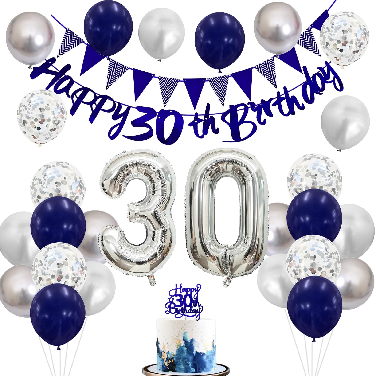 30th Birthday Decorations for Women Men, Happy 30th Birthday Banner with Black Silver White 30th Balloons Cake Topper Number 30 Foil Balloon for 30