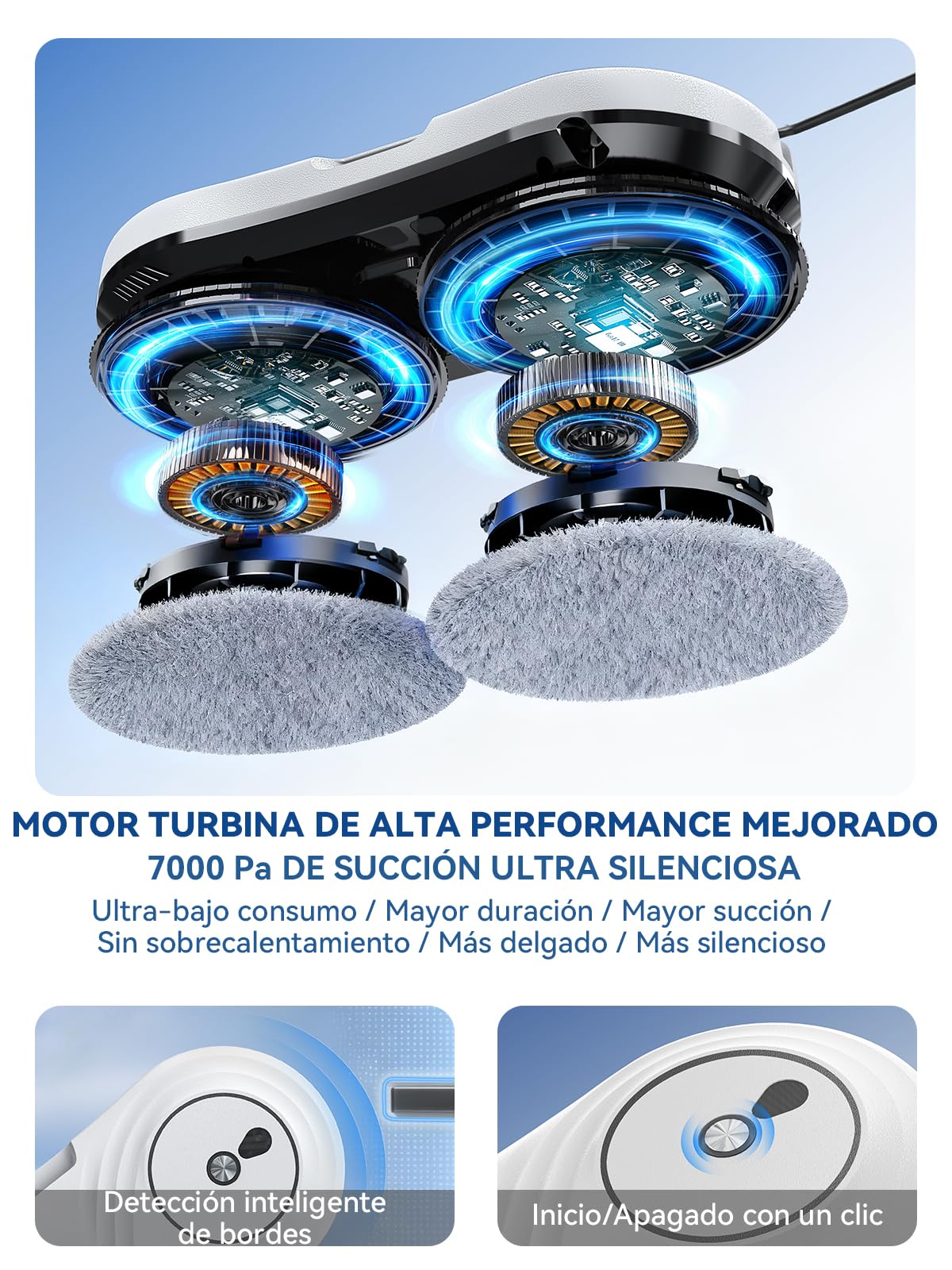 Robot Limpiacristaless, 7000 Pa Robot Limpia Cristales Ventanas Eléctrico, Ultrafino de 63 MM, Limpieza de Doble Hélice, Detección de Bordes, 3 Modos - Blanco Elegante