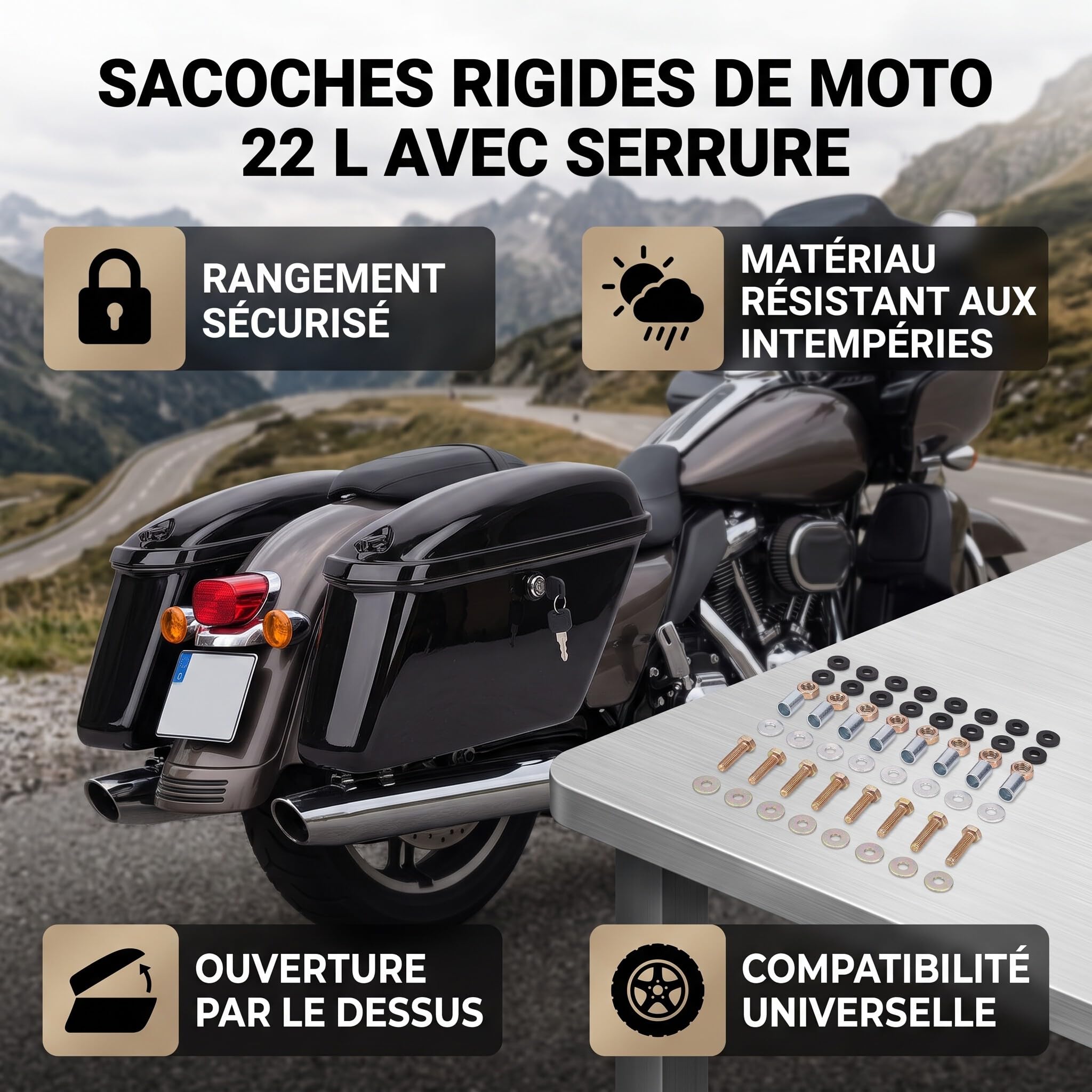 Zerodis Sacoches de Selle Rigides pour Moto de 22 L, Valise Latérale Verrouillable en Plastique ABS pour Croiseurs et Toureurs, Sacoches Rigides Résistantes aux Intempéries et Sécurisées