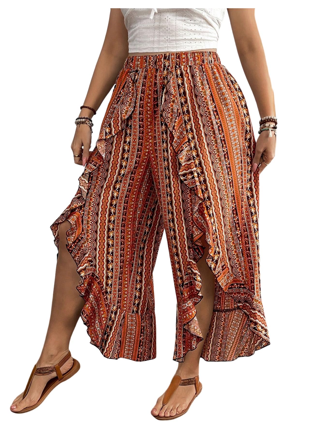 WDIRARA Womens Plus Size Boho Print Elastic Waist Ruffle Pants Slit Wide Leg Loose Pants