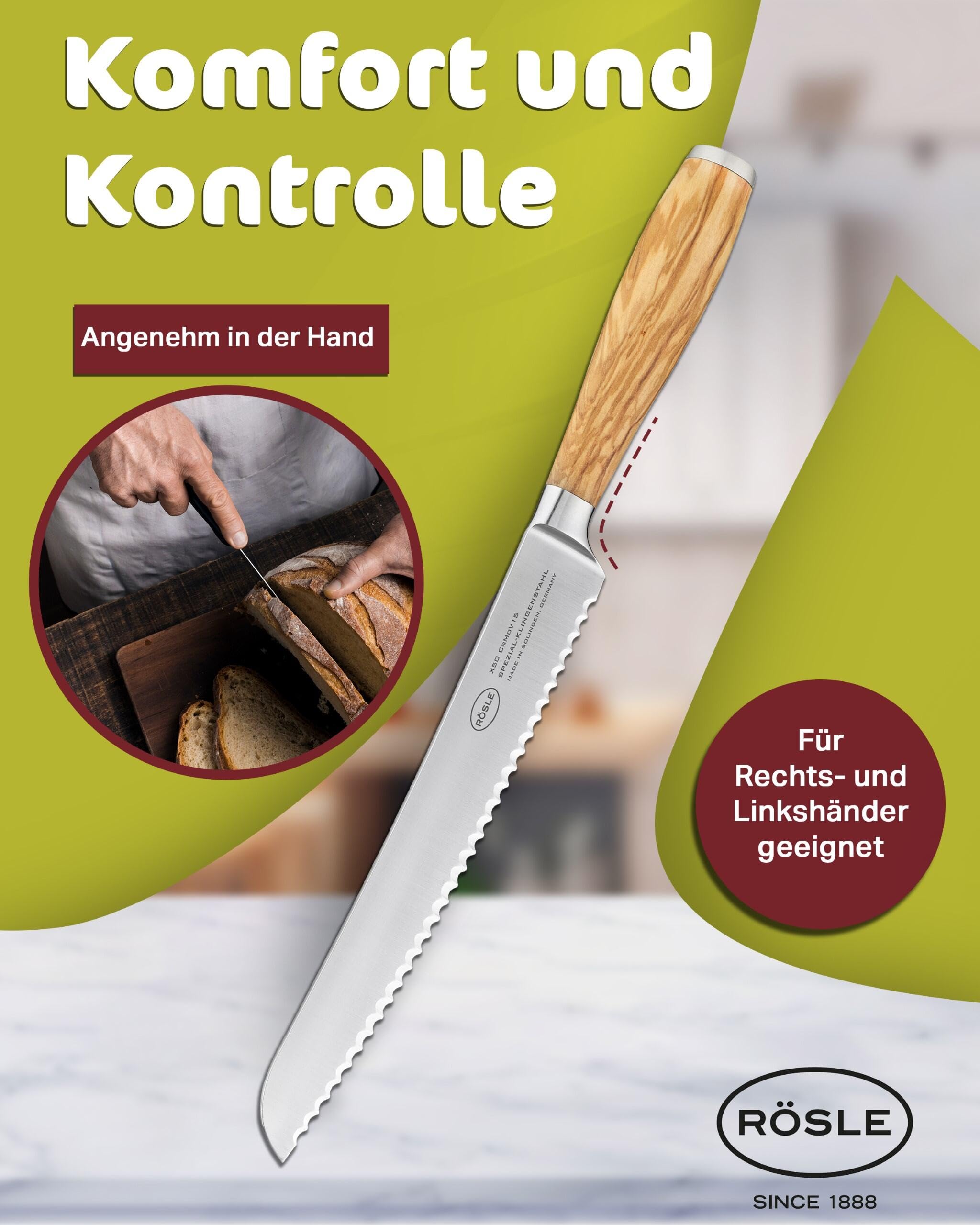RÖSLE Nóż do chleba Artesano, wysokiej jakości nóż kuchenny do cięcia chleba, bułek i bagietek, Made in Solingen, ząbkowany, stal specjalna ostrza, drewno oliwkowe