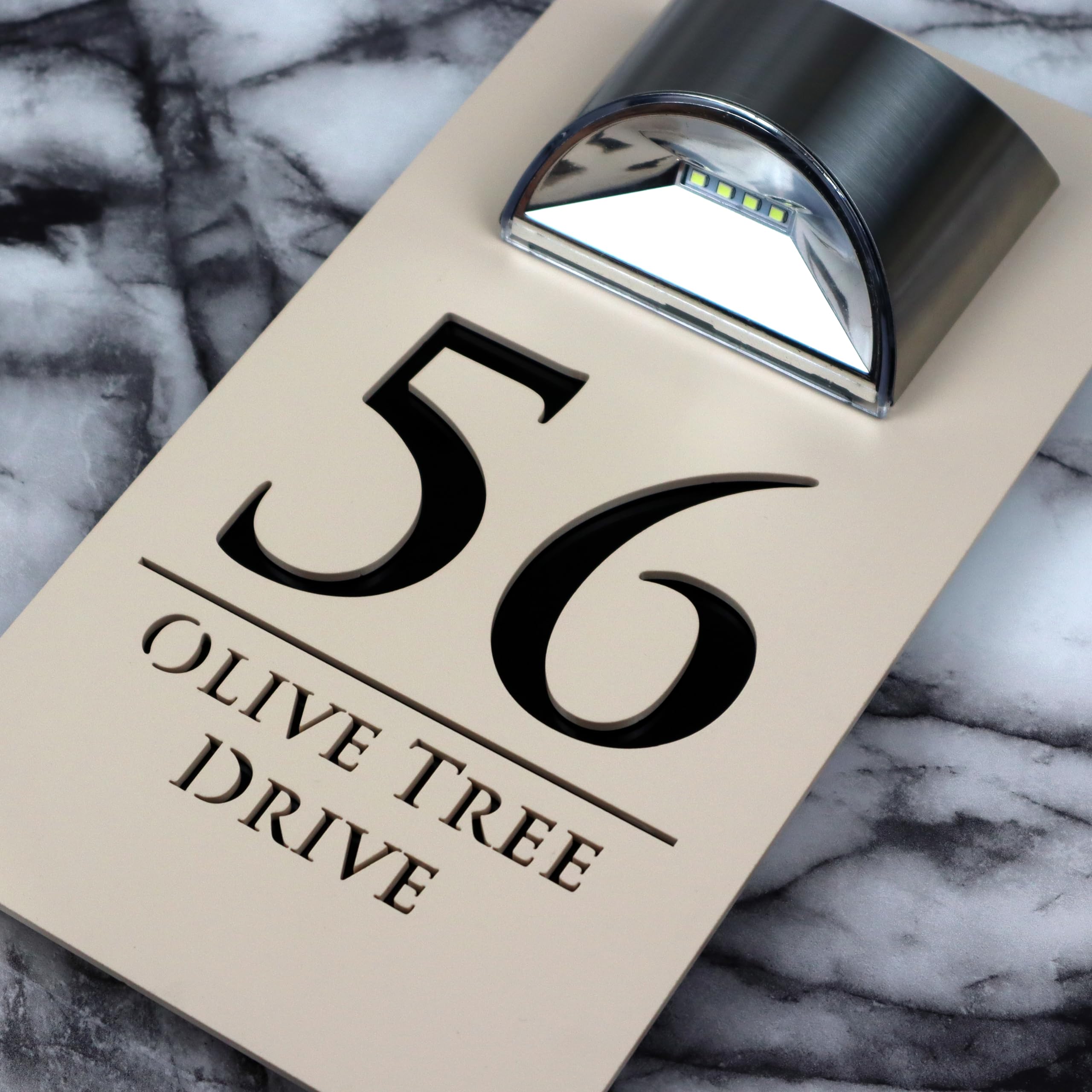 K Smart Sign | Bellissima LED F32 | Contemporary House Signs Plaques Door Numbers 1-9999 Street Name SOLAR LIGHT LED For Wall Personalised Laser Cut Mirror! (Matt Khaki Cream & Gloss Black) โ image 1