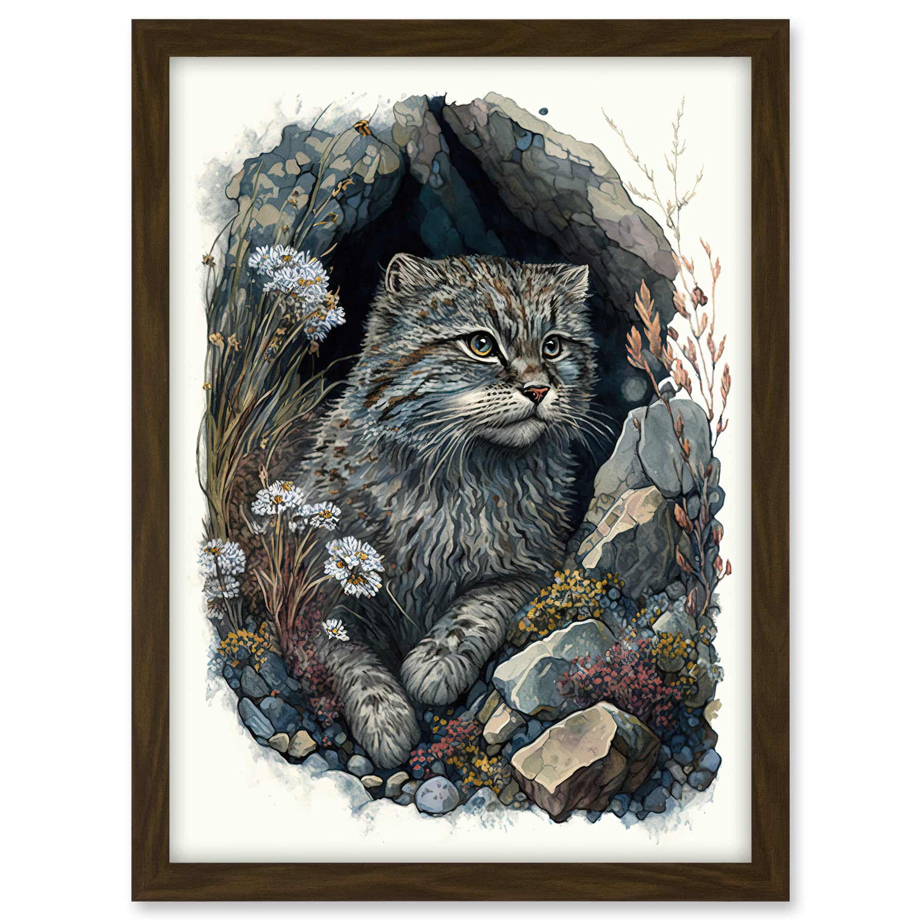 Artery8 Wild Cat in Rock Cavity with Wildflowers Detailed Watercolour Illustration Artwork Framed A3 Wall Art Print