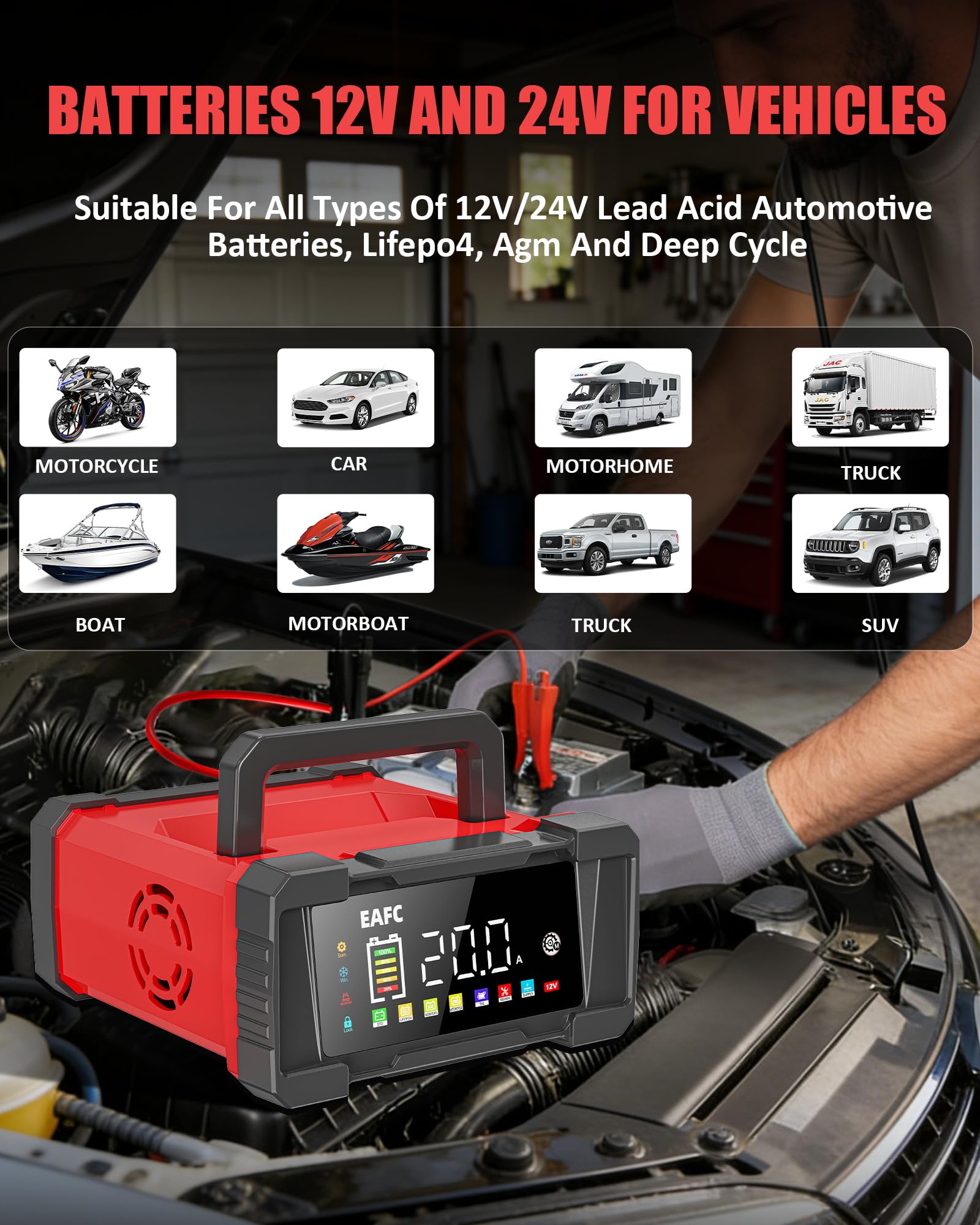 EAFC 20Amp 12V/24V Smart Car Battery Charger & Maintainer – Automatic Lead-Acid & LiFePO4 Battery Charger for Car, Motorcycle, Truck, Boat, Lawn Mower with LCD Display, Trickle Charge & Repair Mode — view 6