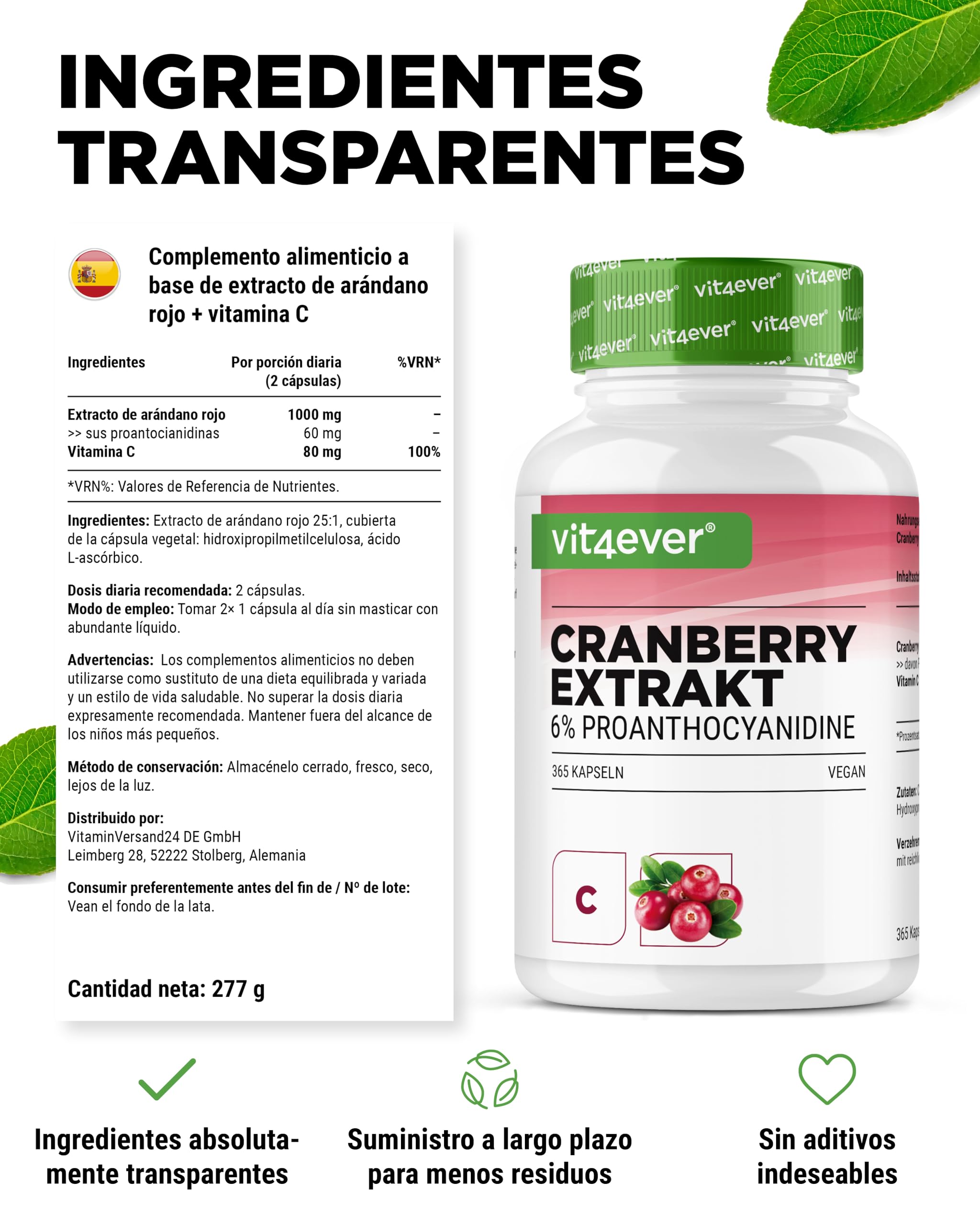 Extracto de arándano rojo + Vitamina C – 365 cápsulas de arándano rojo – Extracto 25:1, equivalente a 25.000 mg – 6% proantocianidinas – Alta dosis, sin aditivos indeseados, vegano