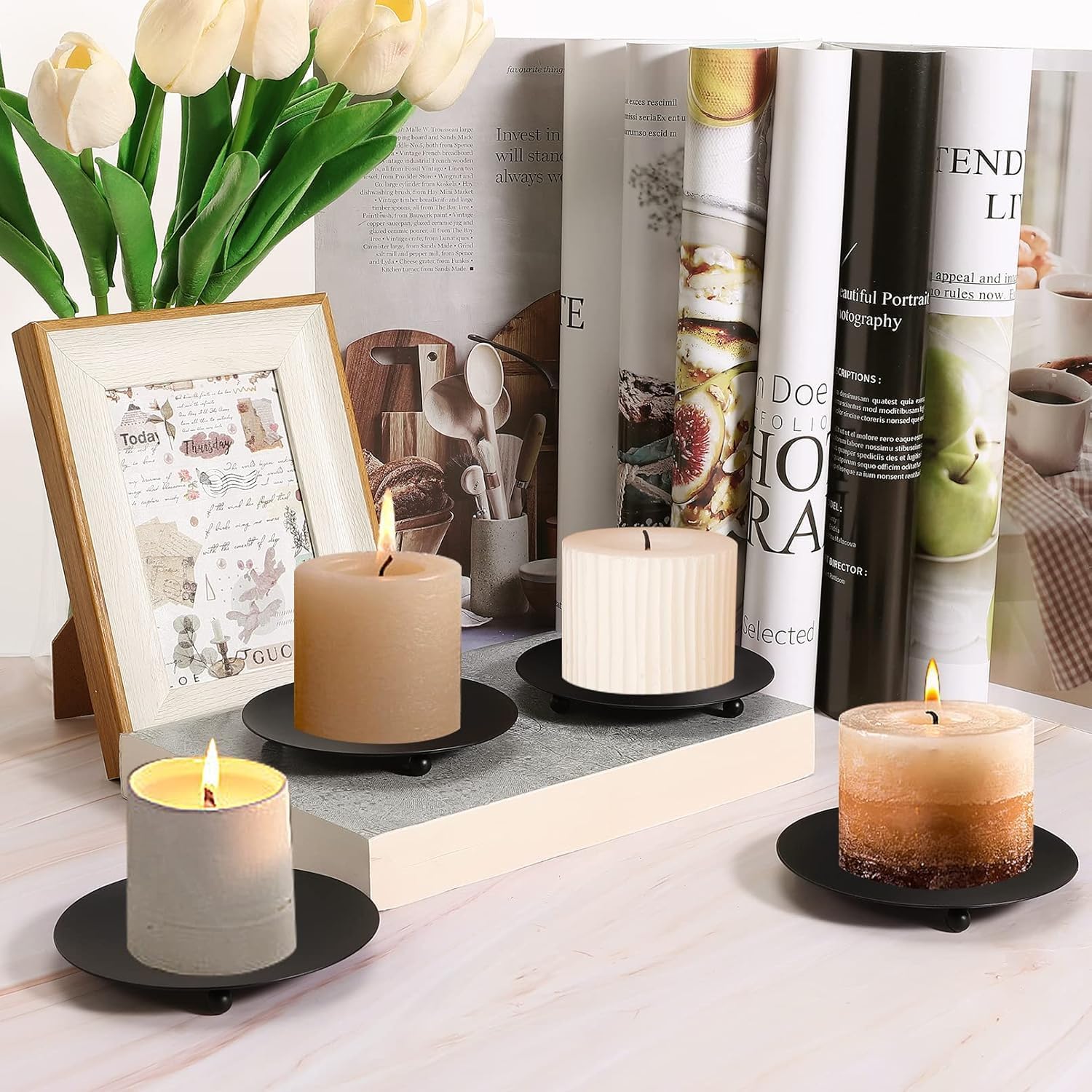 FOMIYES Metal Plate Candle Holder, Decorative Iron Pillar Candle Stand for Wedding Dinning Party Spa Home Table Centerpiece - LED & Wax, Incense Cones, Set of 20 (Black)
