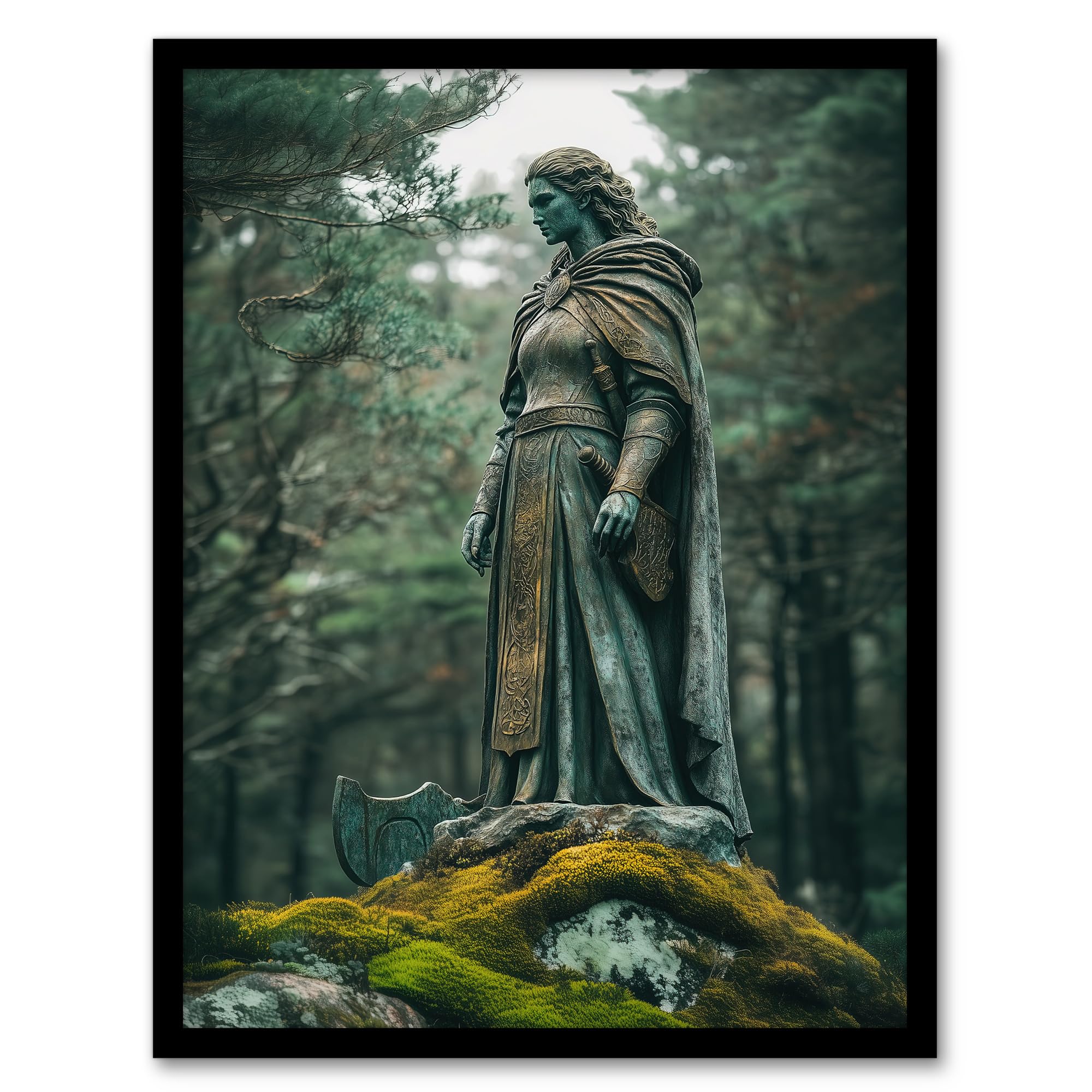 Artery8 Viking Shield Maiden Warrior Statue in Forest Living Room Artwork Framed Wall Art Print 18X24 Inch