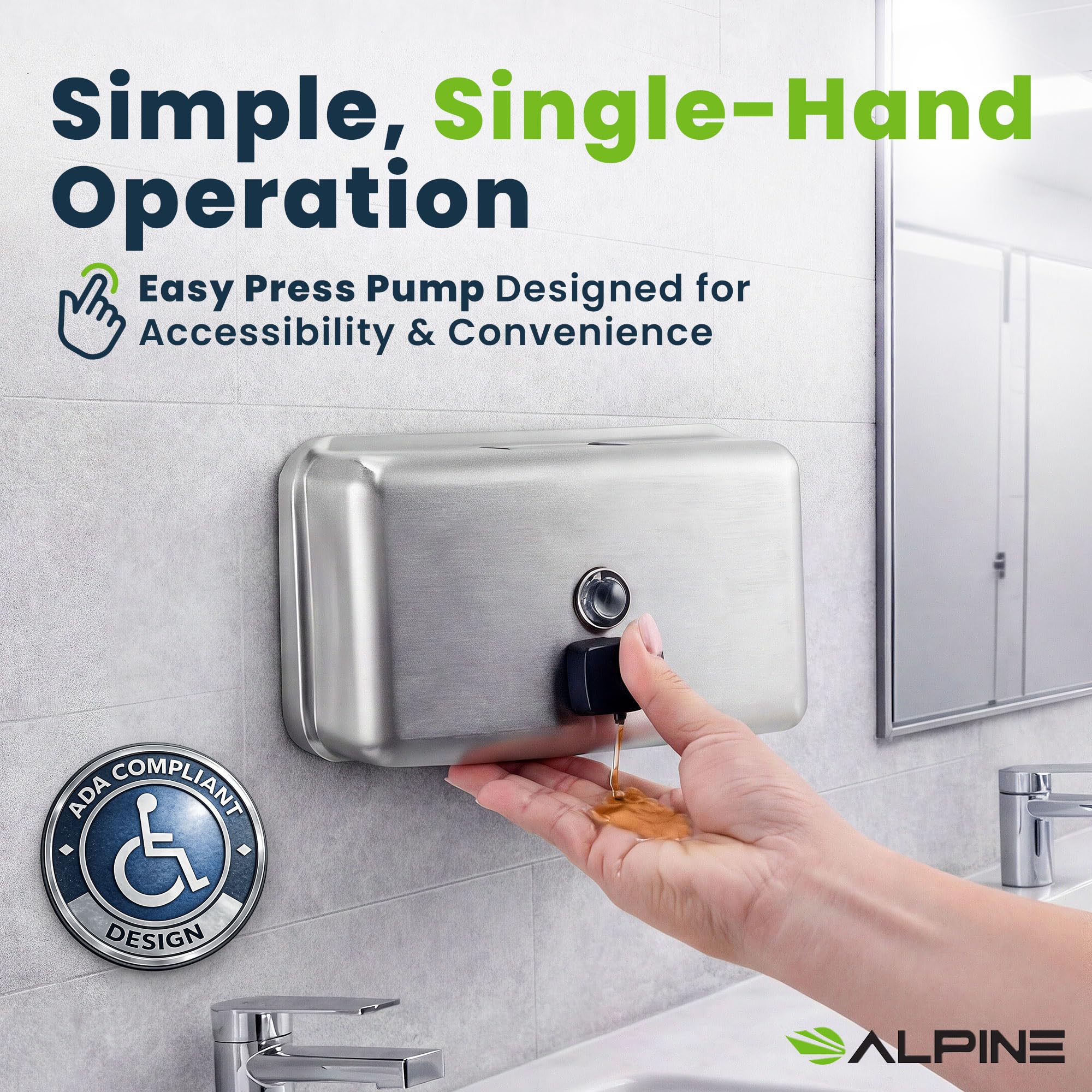 Alpine Dispensador de jabón líquido de acero inoxidable, montaje en superficie, 1,2 l de capacidad