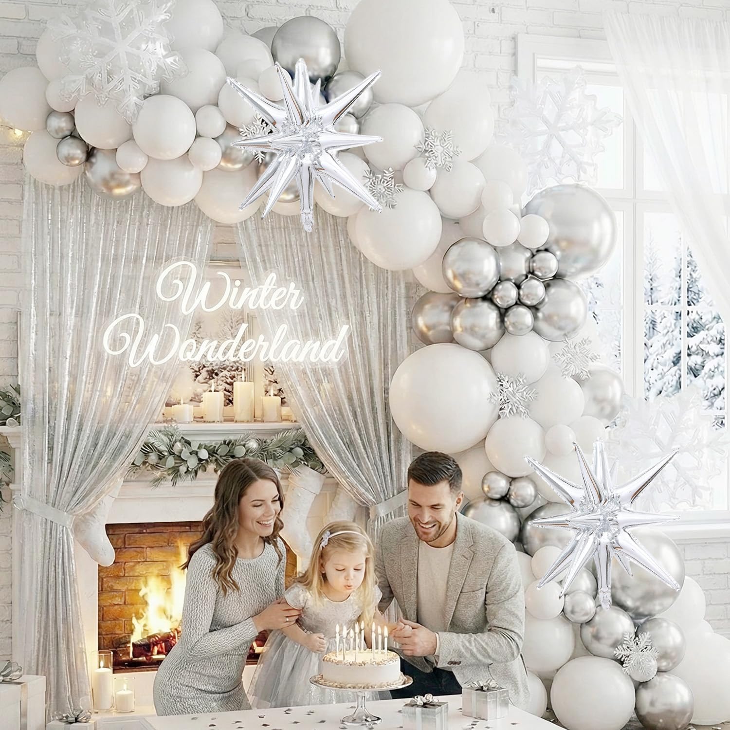 PartyXpress Kit de guirnalda de arco de globos de invierno de 135 piezas con globos de estrella de copo de nieve blanco y plateado para fondo de Año Nuevo 2026, fiesta de bebé, baby shower