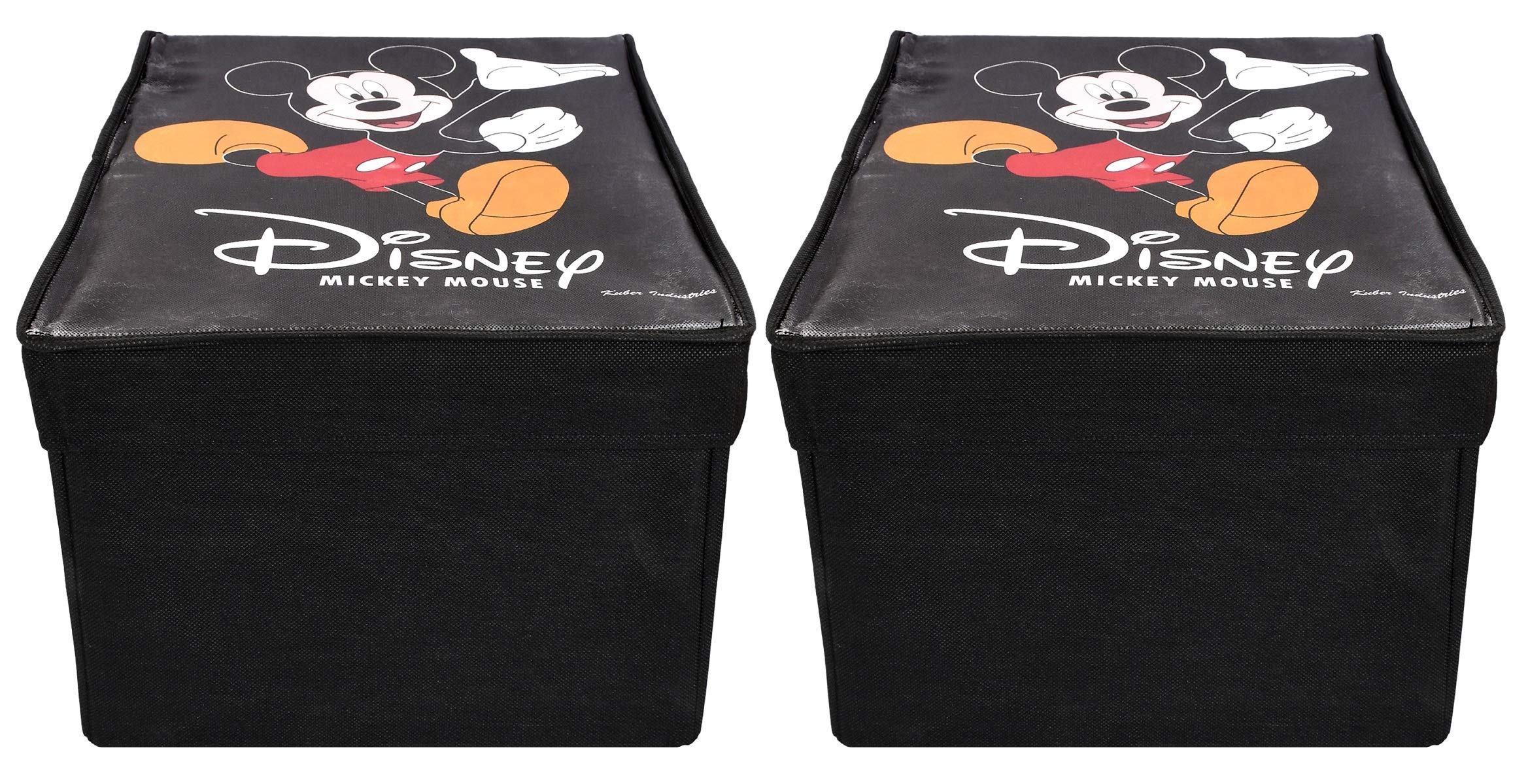 Kuber Industries Disney Mickey Mouse Print Non Woven 2 Pieces Fabric Foldable Cloth Storage Wardrobe Organiser Box with Lid, Extra Large (Black)-KUBMART1721