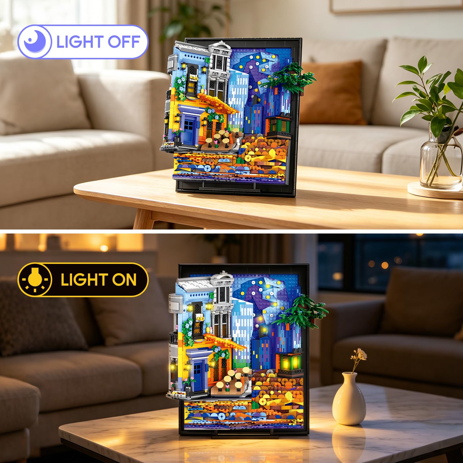 Reobrix 66702 Café Cielo Nocturno con Luces, Set de Bloques de Construcción para Adultos, Marco de Fotos 3D, Modelo Artístico de Van Gogh para Decoración de Pared, Pared o Colocar de Pie(2678 Piezas)