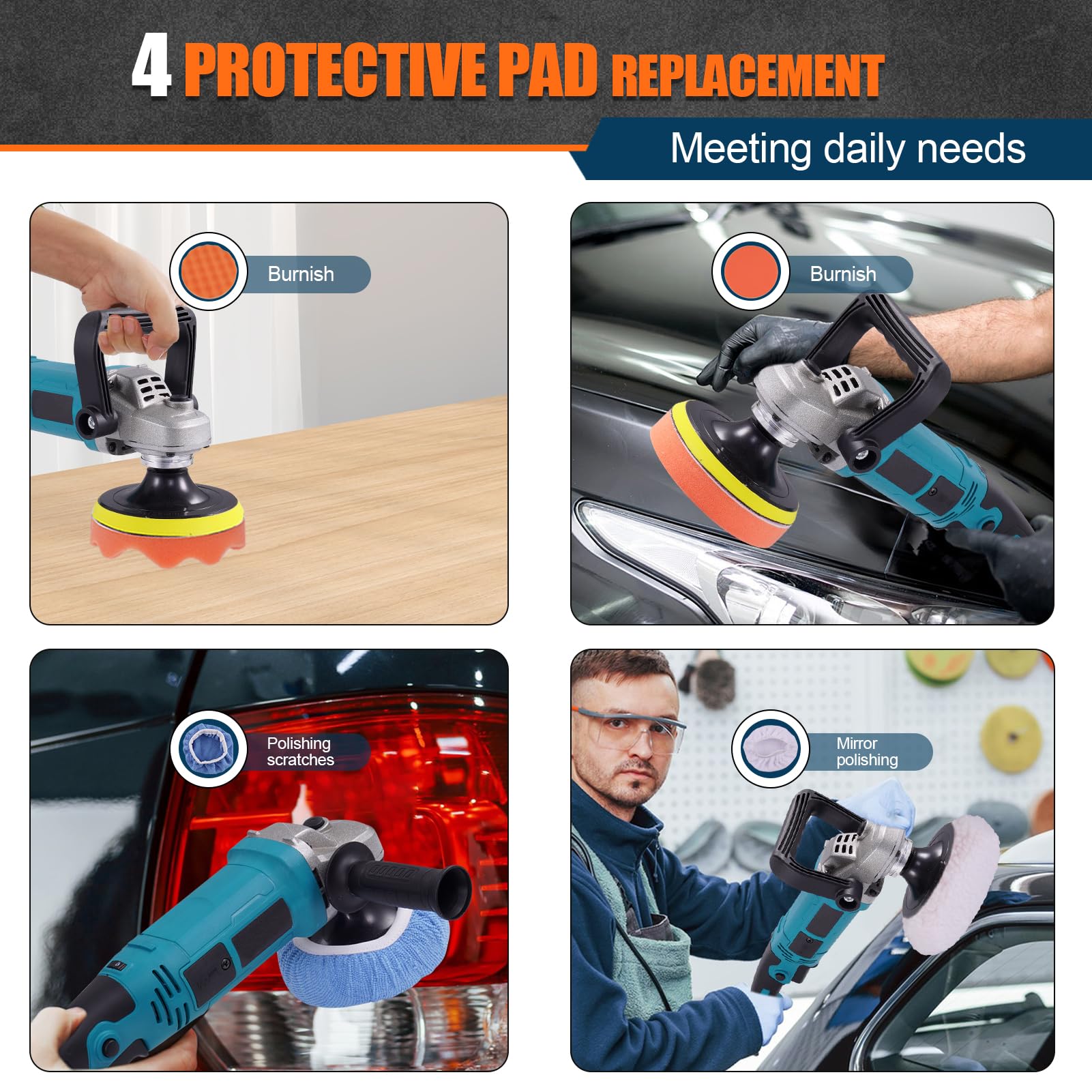 Poliermaschine Auto Akku 1600W mit 5”, 6” und 7” Polierpads für Autos, Poliermaschine mit 6 Variablen Geschwindigkeiten, Professionell Polieren Set für das Polieren/Wachsen von Autos