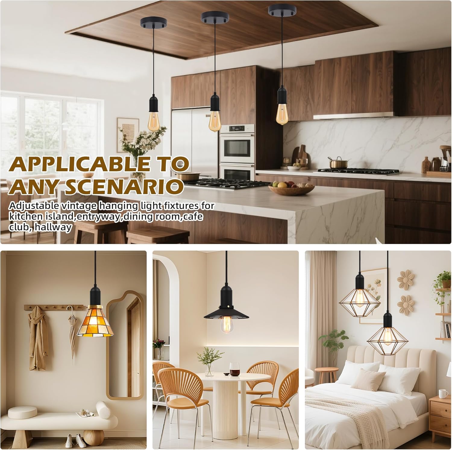 Hanging Pendant Light Fixture Kit with Ceramic E26 Socket & Adjustable Fabric Cord, Vintage Industrial Mini Ceiling Lamp with Canopy for Kitchen or Home DIY, Black