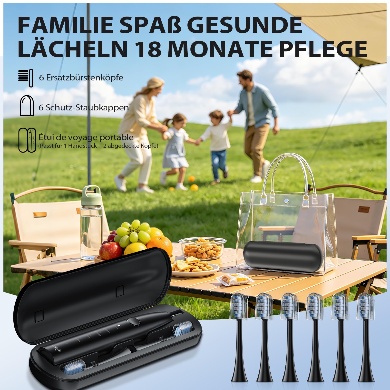 Oasismile X610 Elektrische Schallzahnbürste für Empfindliches Zahnfleisch, Sanfte und Gründliche Reinigung, 5 Modi, 42000 VPM, 100 Tage Akku, IPX7 Wasserdicht, mit Reiseetui und 6 Bürstenköpfen
