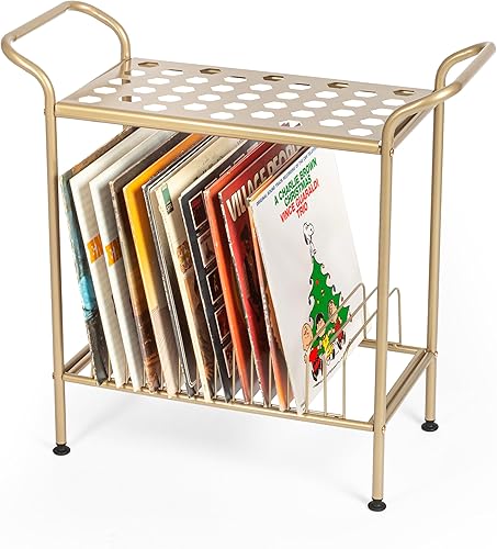 Ilyapa Soporte para tocadiscos de 2 niveles, soporte de discos de vinilo de metal dorado con estantes, mesa de reproductor de vinilo con 14 ranuras