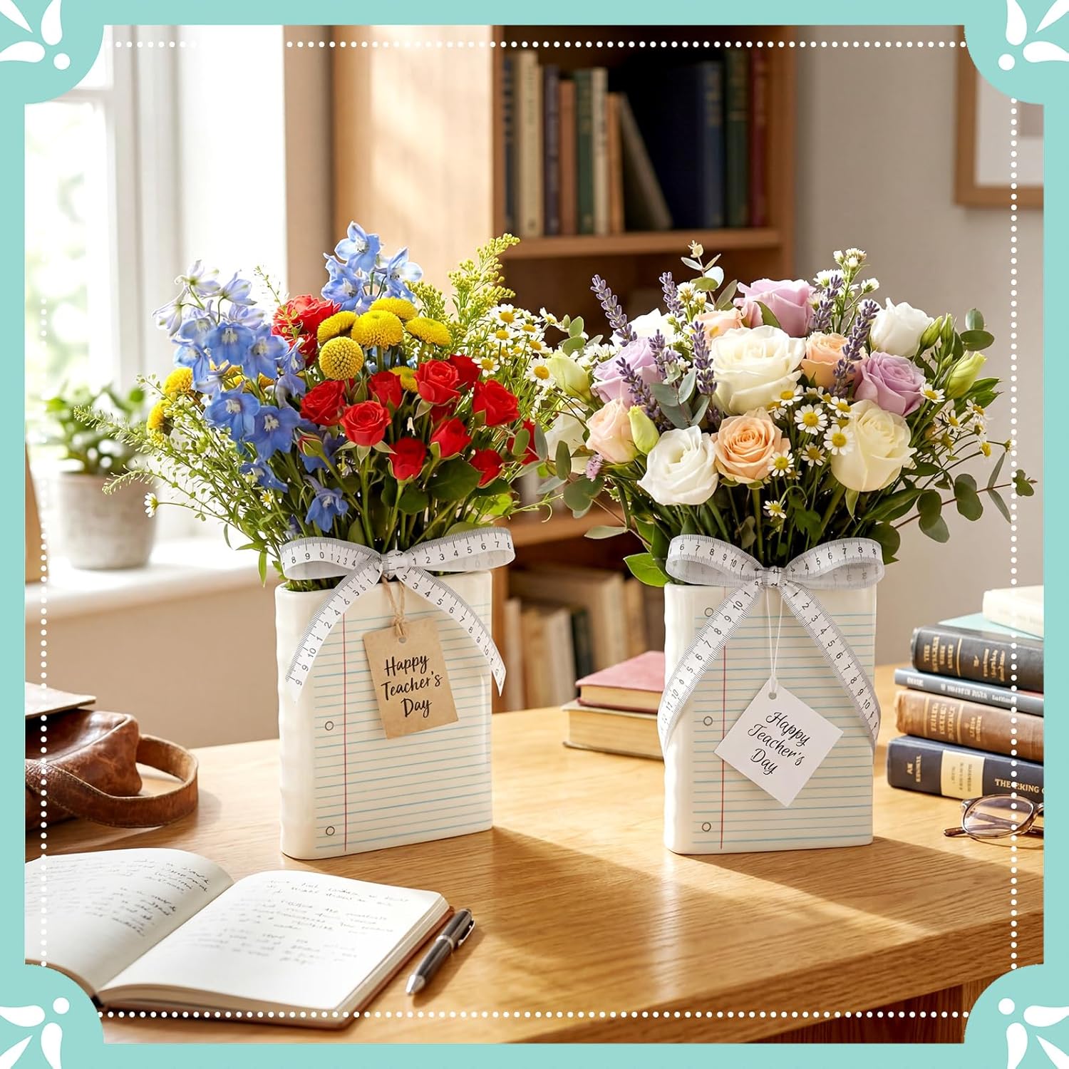 2 Pcs Teacher Appreciation Gifts Ceramic Book Shaped Vase for Flower, Blue Lined Notebook with Ribbon Bookshelf Decor Vase Grad Gifts for Home Office Desk Table Centerpiece End of Year Decor