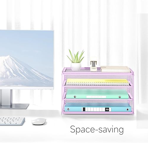 Miniatura 6 de Lavatino Organizador de escritorio de 3 niveles con bandeja de cartas, organizador de archivos de papel de metal de malla morada para escritorio,