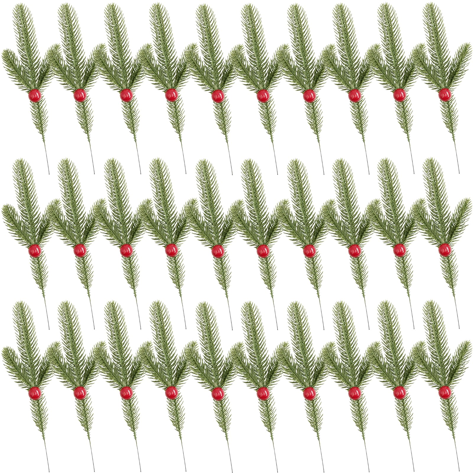 Muiltvoe 30 Pieces Artificial Pine Needle Sprigs 10inch Christmas Pine Branches for Christmas Tree,Making Garland Wreath, DIY Crafts (pine cone)