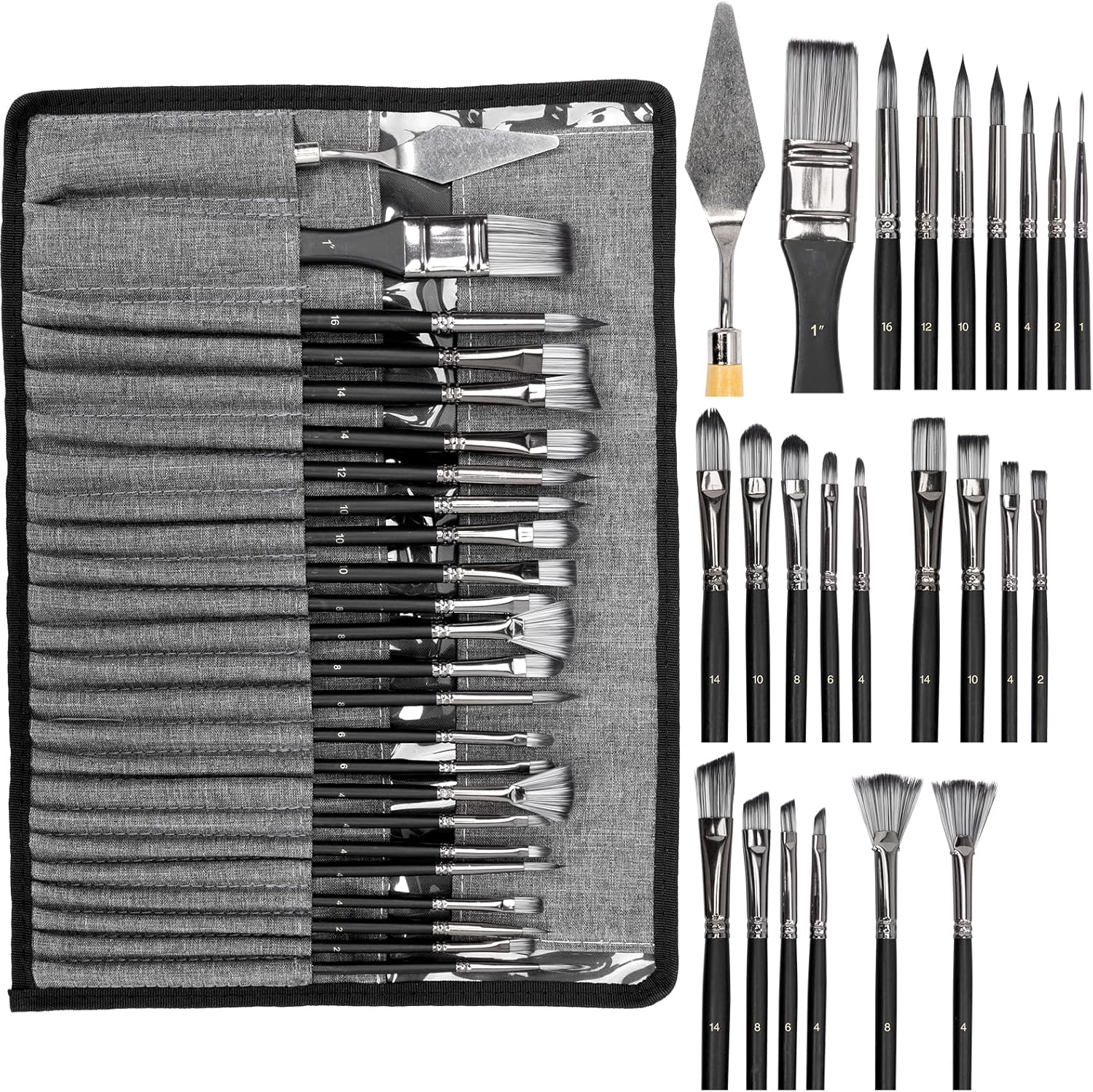 H & B 25PCS Acrylic Paint Brush Set, with Palette Knife & Canvas Roll Case, Professional Paint Brushes for Acrylic, Oil and Watercolor Painting, Art Supplies for Adults and Artists (Black)