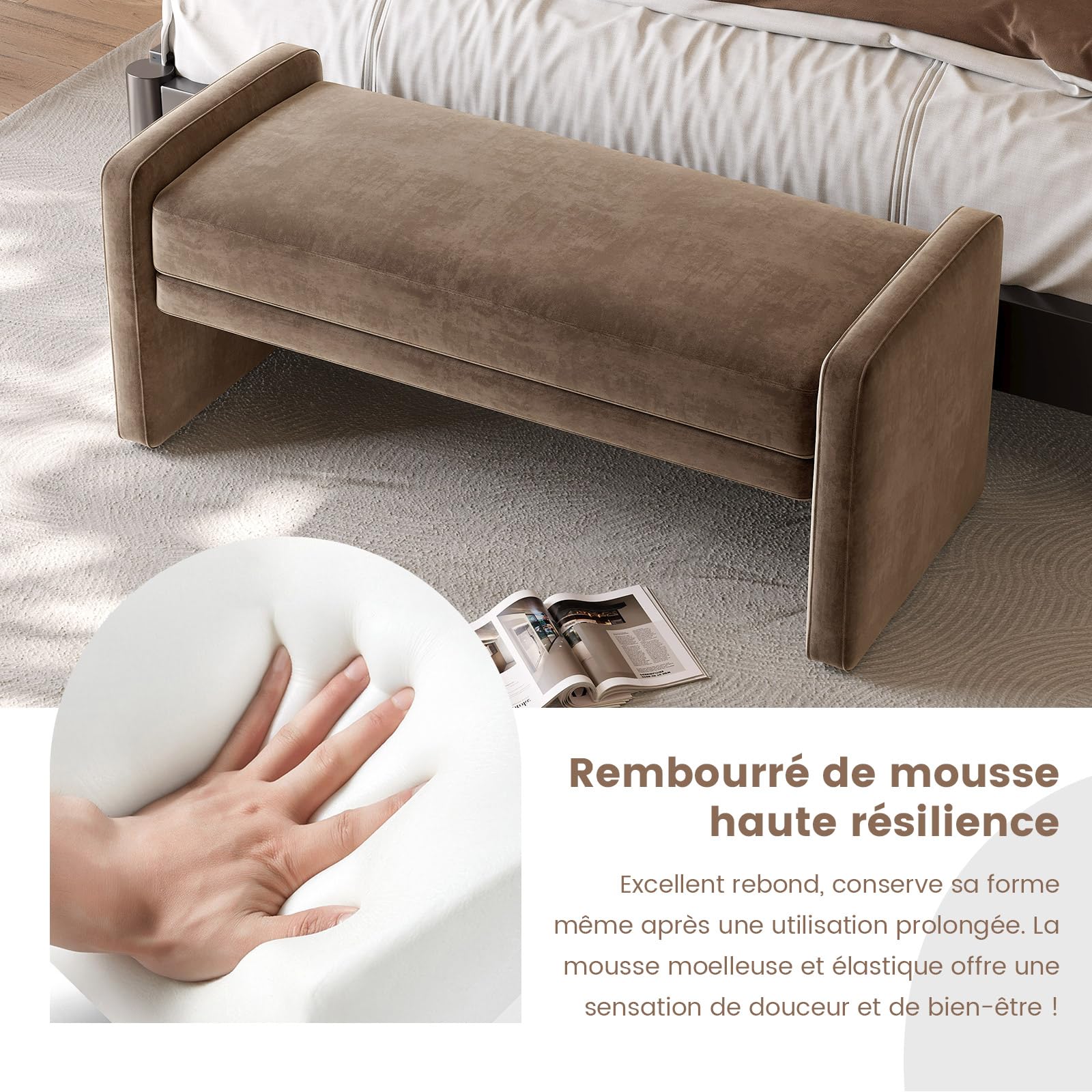 Miuuod Banc ottoman rembourré en lin, siège d'entrée pour salon, salle à manger avec siège rembourré pour chambre à coucher et couloir, marron
