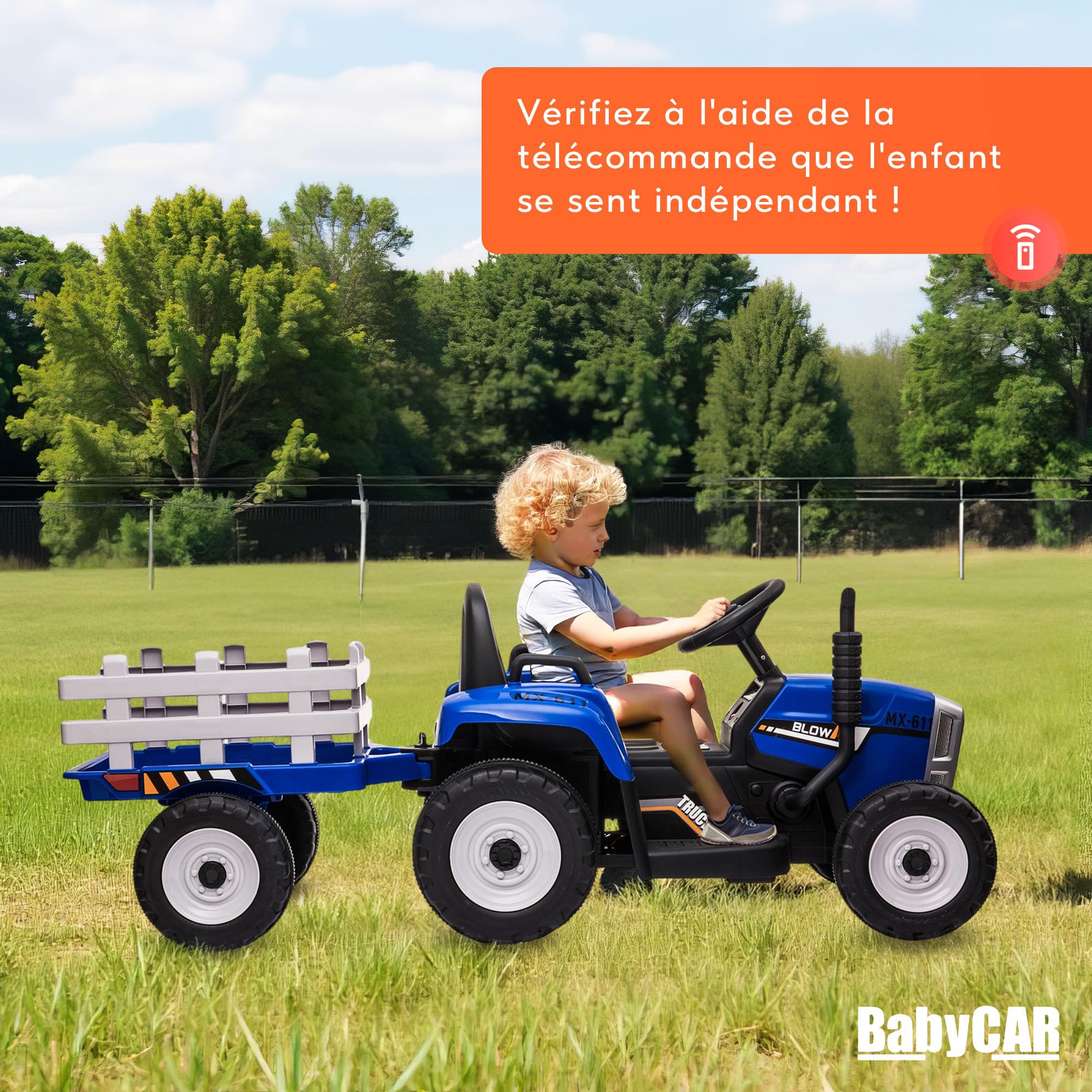 Tracteur Electrique Enfant avec remorque New Holland 12V de Babycar - Jouet Tracteur Electrique Enfant avec MP3 Licence Officielle et télécommande (Bleu)