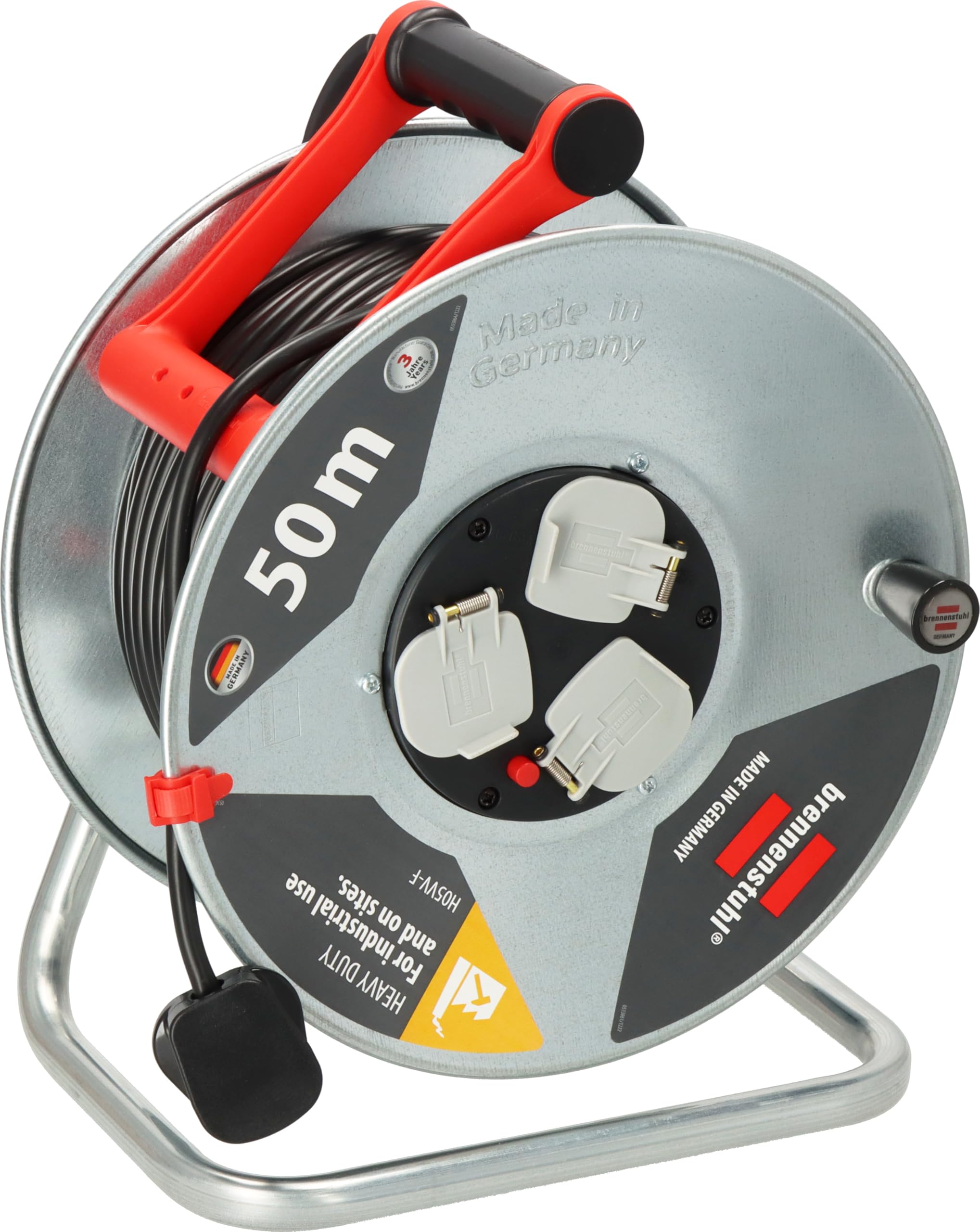 Brennenstuhl Garant - Carrete de cable de 50 m (fabricado en Alemania, cable de extensión con 3 enchufes y protección térmica, cuerpo de carrete de acero inoxidable, mango ergonómico)