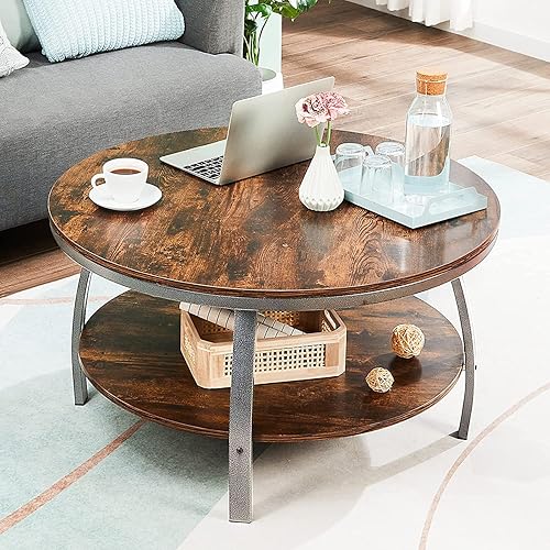 GreenForest 35.4 inch Round Coffee Table 2-Tier Large Size Industrial Design Sofa Table for Living Room with Storage Shelf Metal Legs Center Table, Rustic Brown