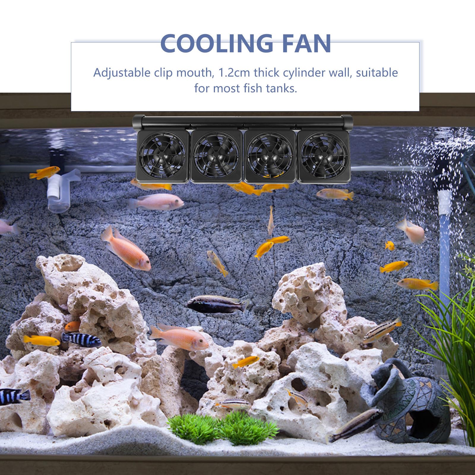 Ventilador de Enfriamiento para Acuario Negro de 4 Cabezales Ajustable | Fiesta Verano, Plástico y Aleación de Aluminio, Ac220 a 12v, Cable 120cm, Sujeción 1, 2cm