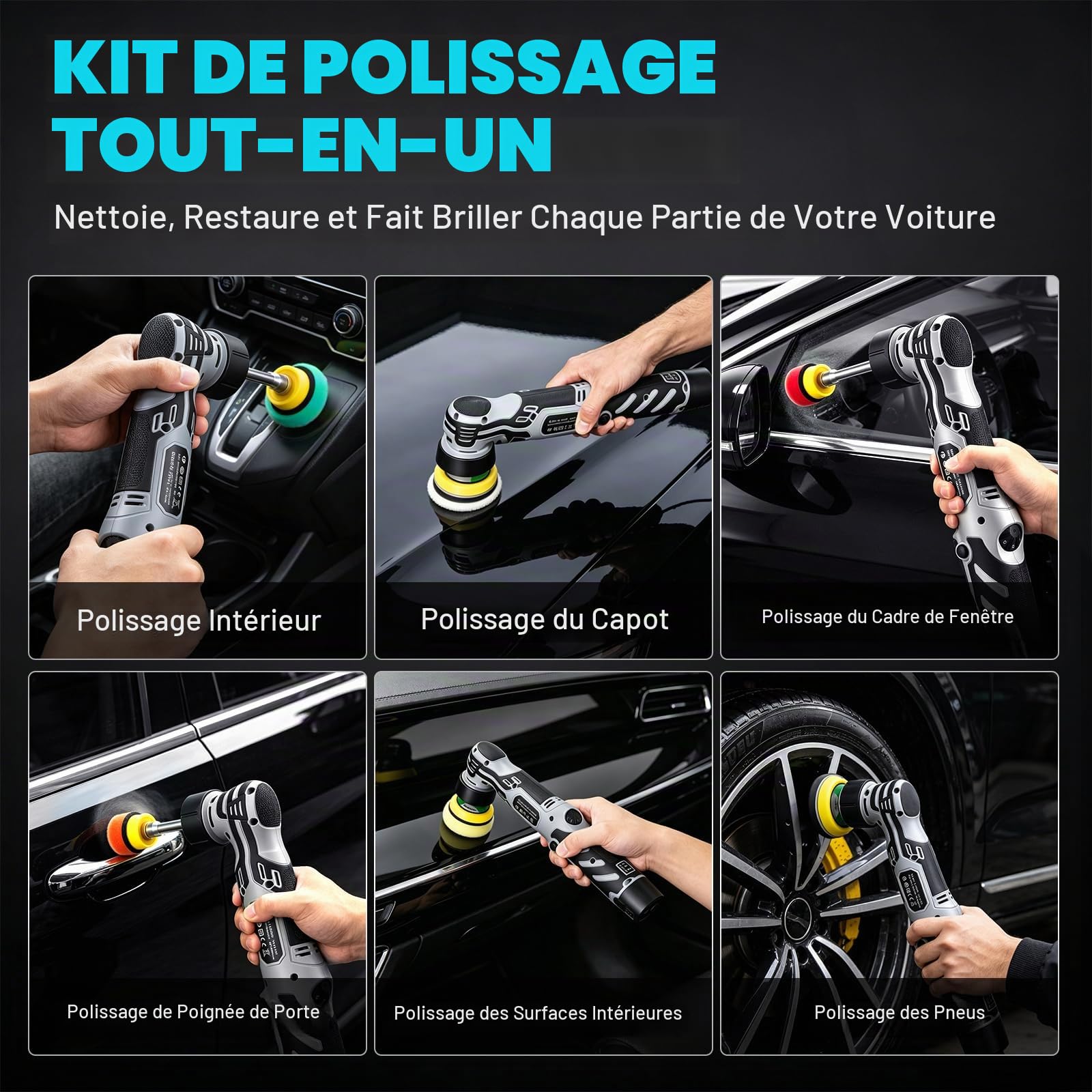 Polisseuse sans fil, 6 vitesses 2500–6500 tr/min, mode orbital 5/12mm et rotatif, 2 batteries 12V, Lustreuse voiture pour polissage, cirage et réparation de rayures