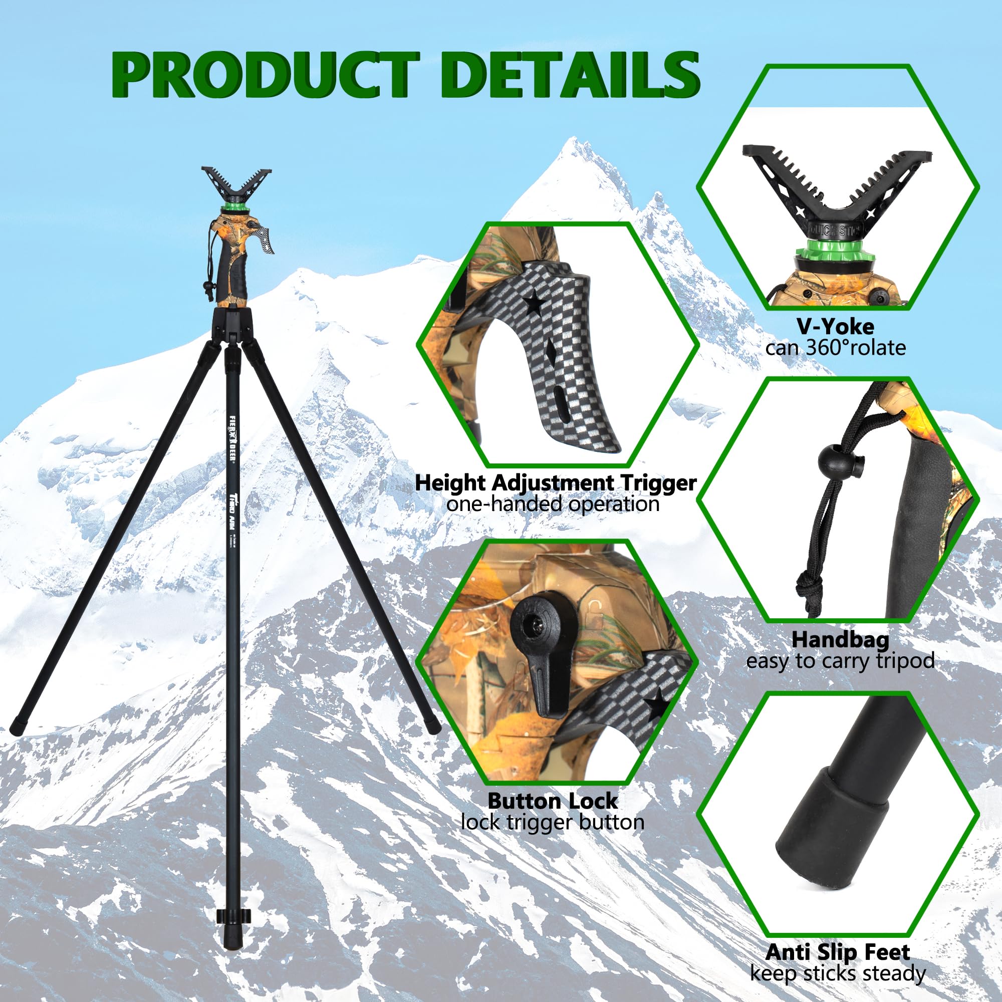 Treppiede di Caccia Regolabile in Lunghezza, treppiedi per Fucile Versatile, tripod da Caccia in Alluminio