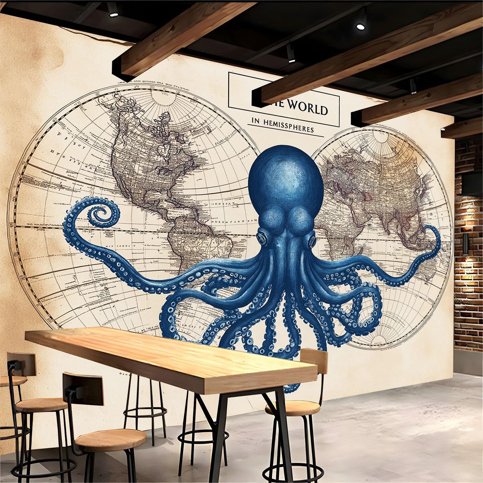 Tapeta Salon 3D Retro Mapa świata Ośmiornica 350 x 256 cm Fototapeta HD Nowoczesny druk, do sypialni TV Dekoracja tła Fototapeta Moda Ściana