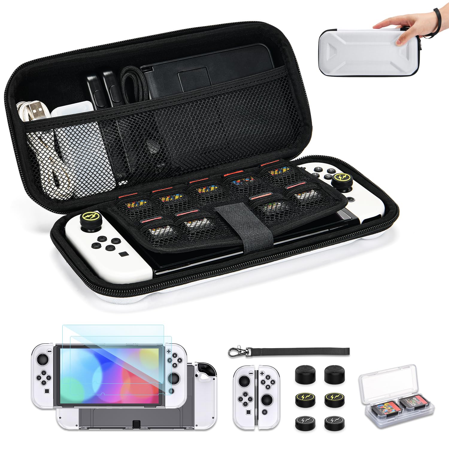 Younik Switch OLED Funda, Paquete de Accesorios OLED 14 en 1 con Estuche de Transporte Switch OLED, Accesorios Protectores para Consola Switch y J-con, Estuche para Tarjetas de Juego (Patrón Y)