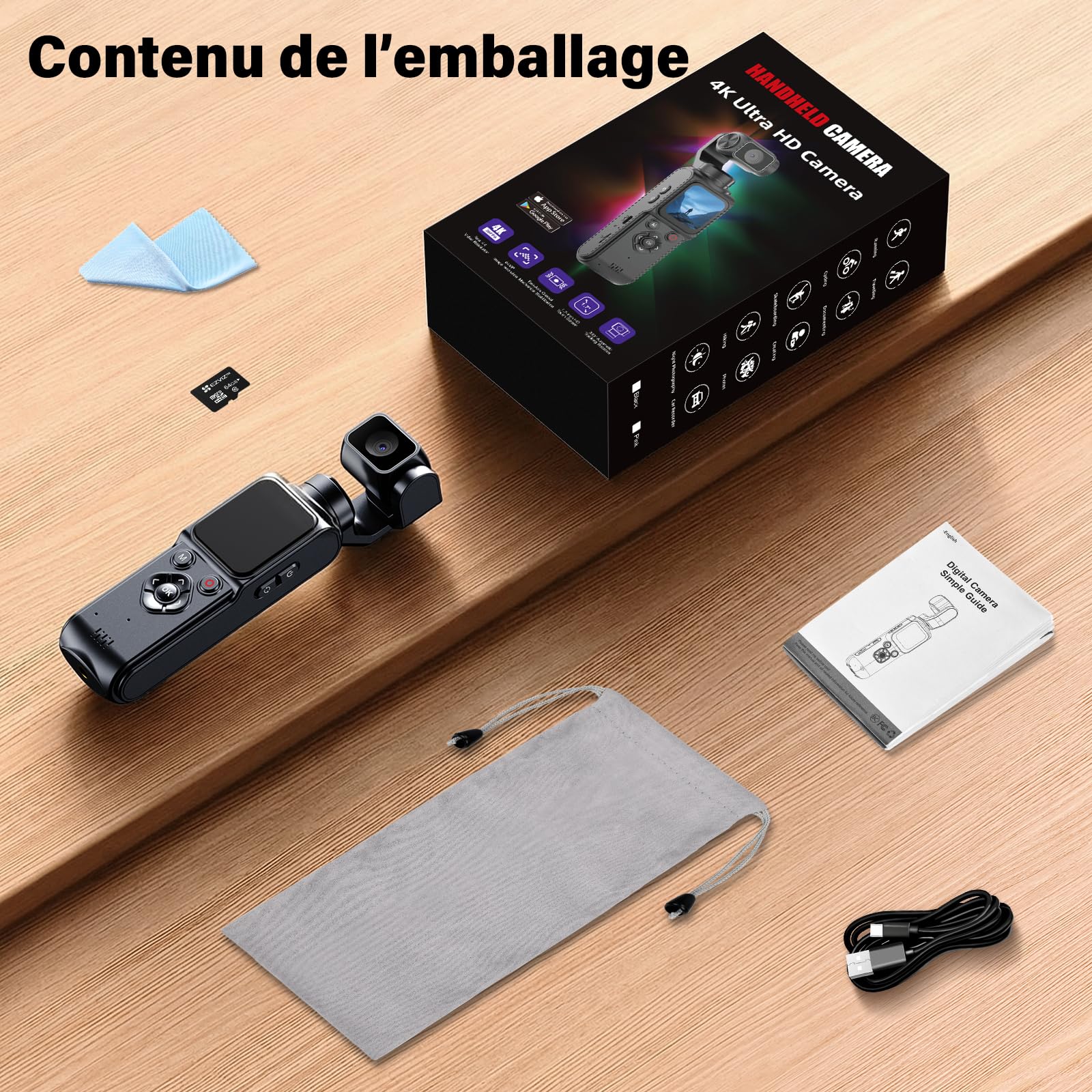 Caméra Vlog 4K Stabilisée avec Gimbal 2 Axes, Écran Tactile, Carte 64Go, Suivi Facial, 200 Min, Compacte Sport Vlog